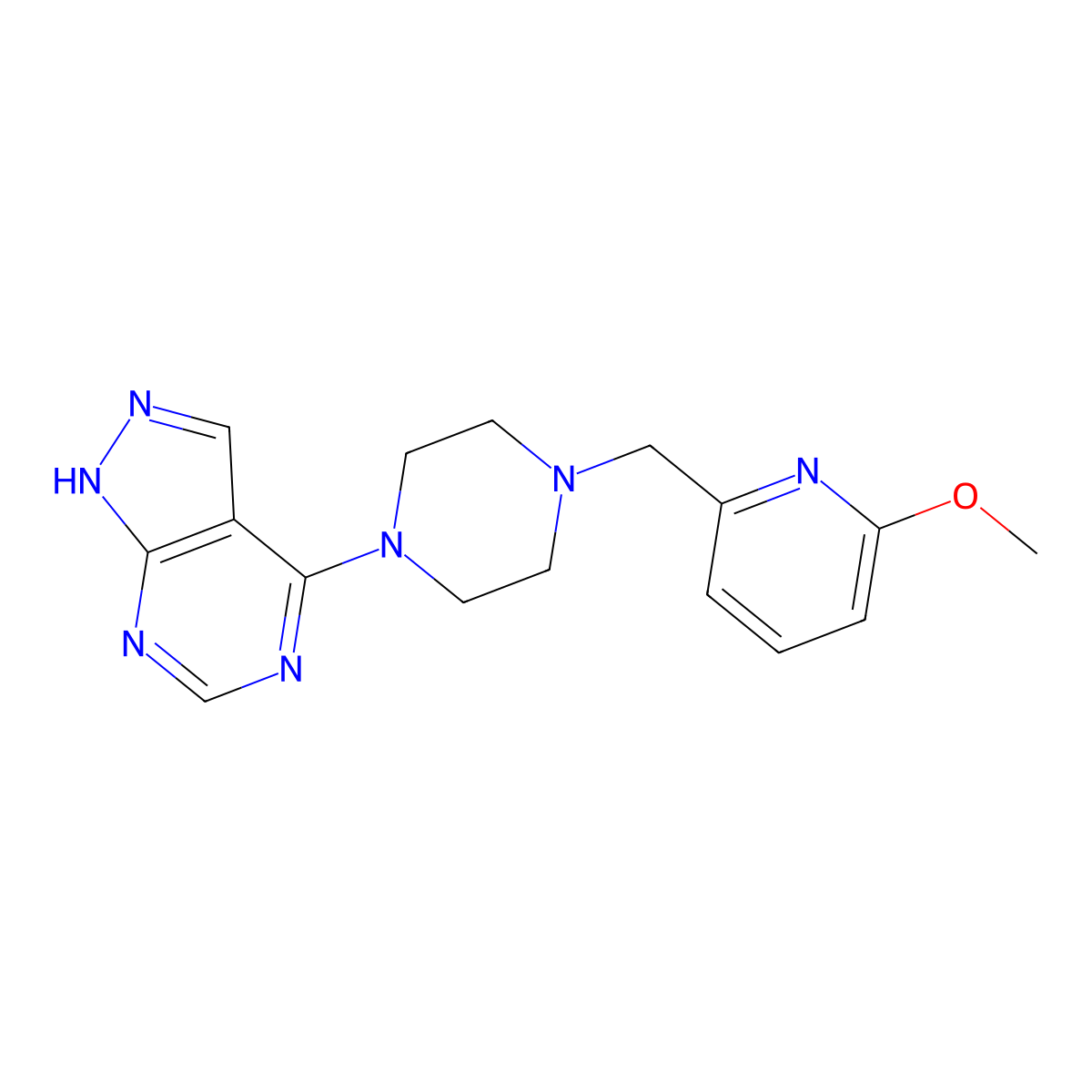 1-[(6-methoxypyridin-2-yl)methyl]-4-{1H-pyrazolo[3,4-d]pyrimidin-4-yl}piperazine molecular structure, CAS 3054537-02-6