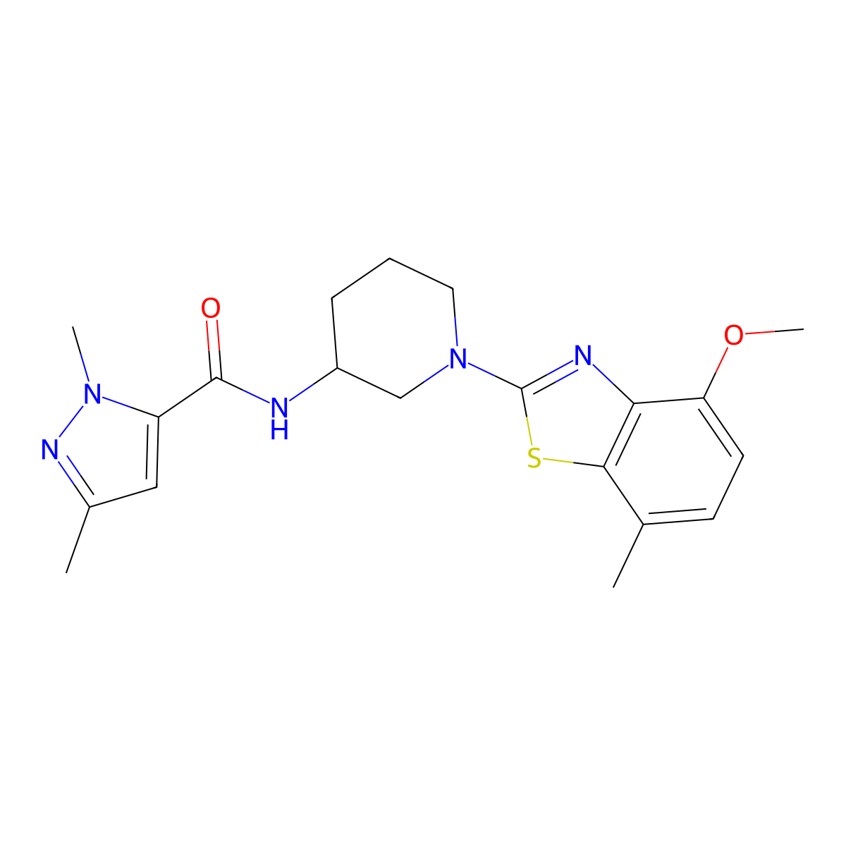 N-[1-(4-methoxy-7-methyl-1,3-benzothiazol-2-yl)piperidin-3-yl]-1,3-dimethyl-1H-pyrazole-5-carboxamide molecular structure, CAS 3054537-04-8
