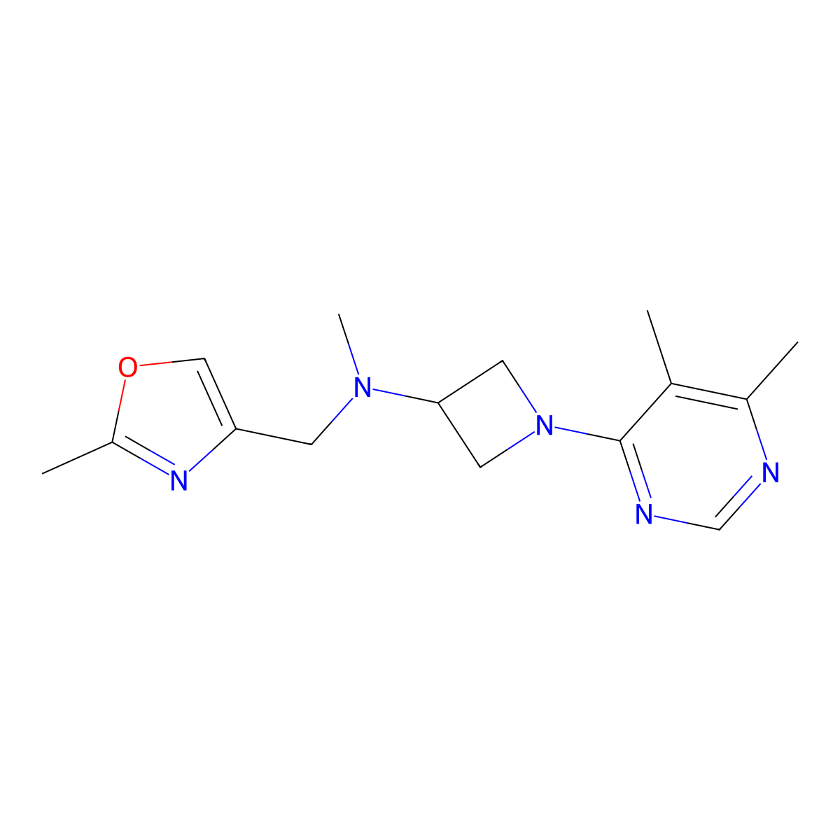 1-(5,6-dimethylpyrimidin-4-yl)-N-methyl-N-[(2-methyl-1,3-oxazol-4-yl)methyl]azetidin-3-amine molecular structure, CAS 3054537-07-1