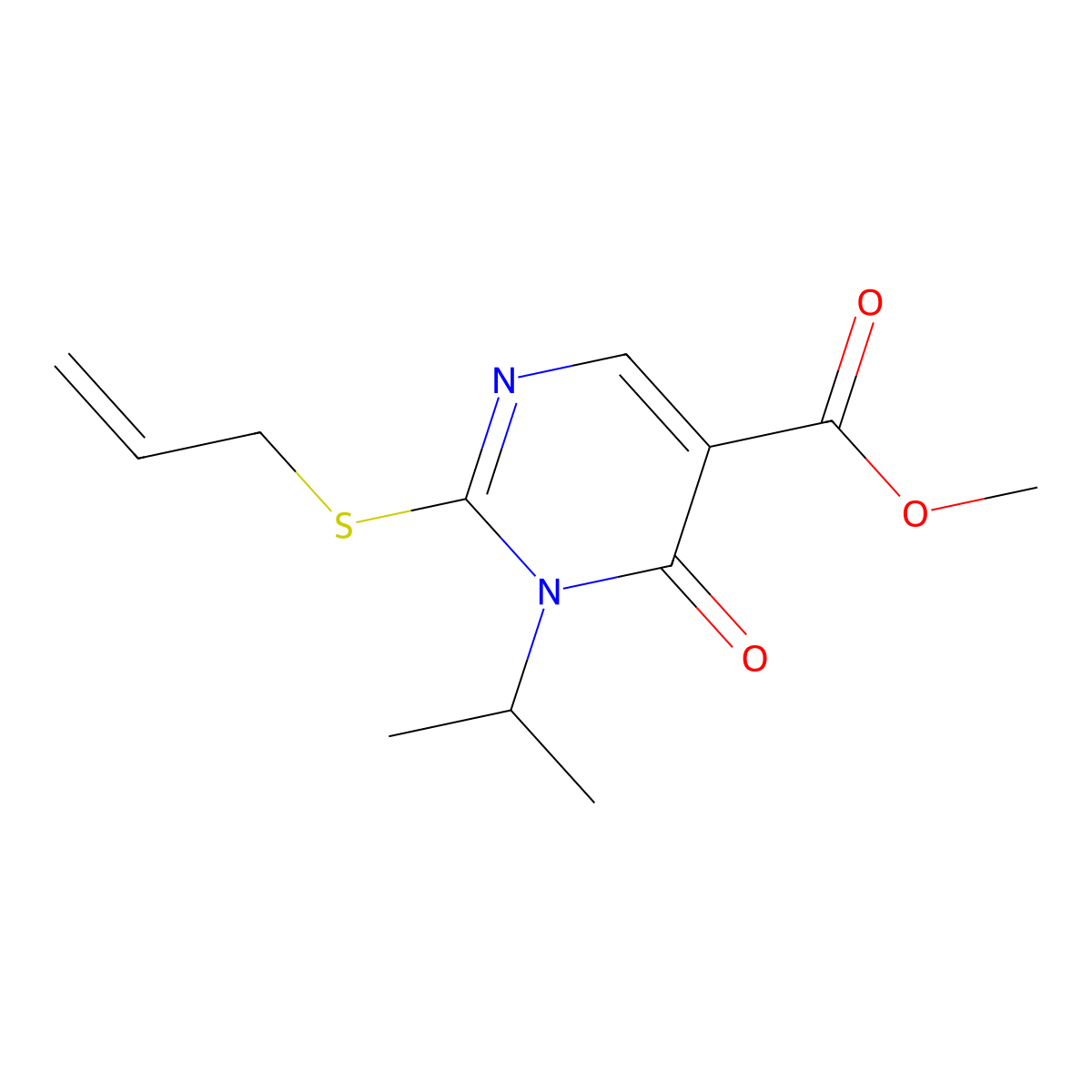 Methyl 6-oxo-2-(prop-2-en-1-ylsulfanyl)-1-(propan-2-yl)-1,6-dihydropyrimidine-5-carboxylate molecular structure, CAS 3054537-09-3