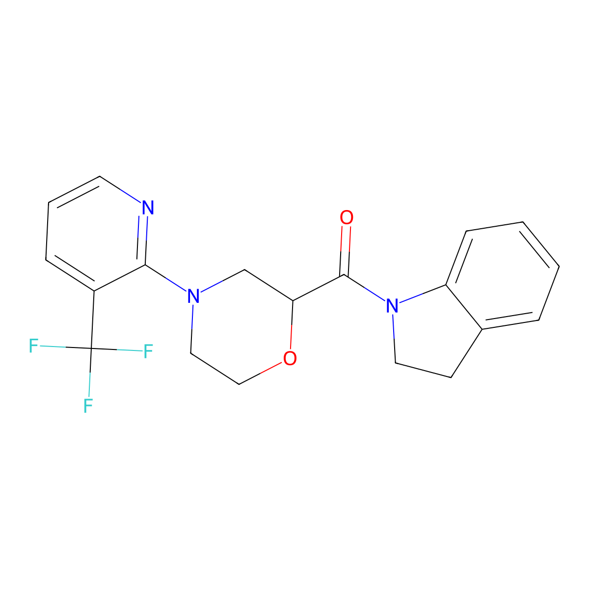1-{4-[3-(trifluoromethyl)pyridin-2-yl]morpholine-2-carbonyl}-2,3-dihydro-1H-indole molecular structure, CAS 3054537-11-7