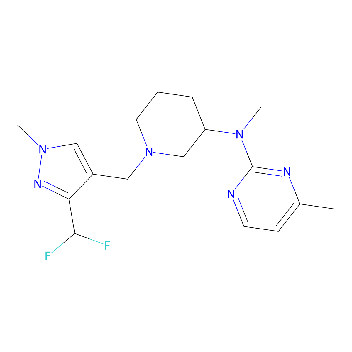 N-(1-{[3-(difluoromethyl)-1-methyl-1H-pyrazol-4-yl]methyl}piperidin-3-yl)-N,4-dimethylpyrimidin-2-amine molecular structure, CAS 3054537-12-8
