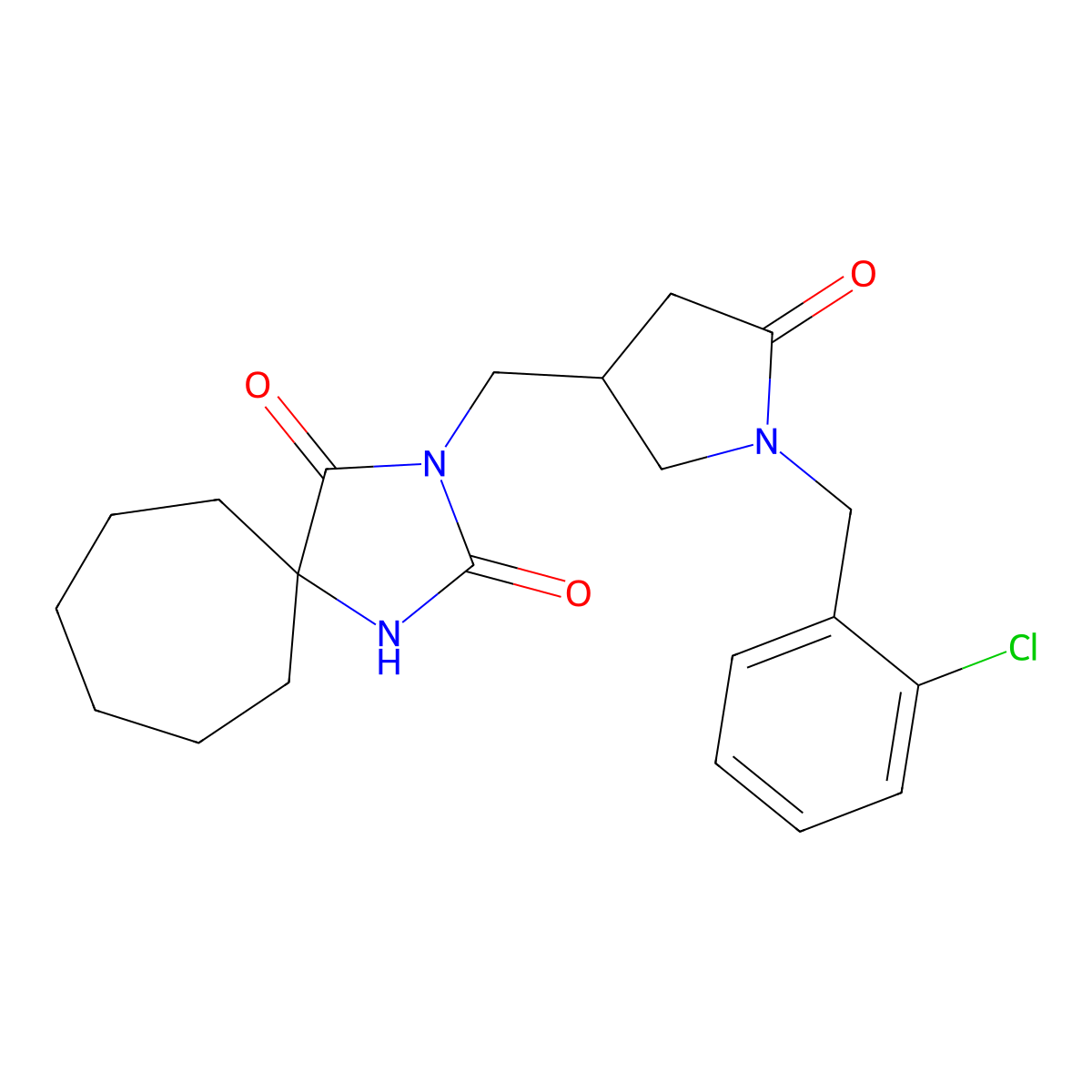 3-({1-[(2-Chlorophenyl)methyl]-5-oxopyrrolidin-3-yl}methyl)-1,3-diazaspiro[4.6]undecane-2,4-dione molecular structure, CAS 3054537-15-1