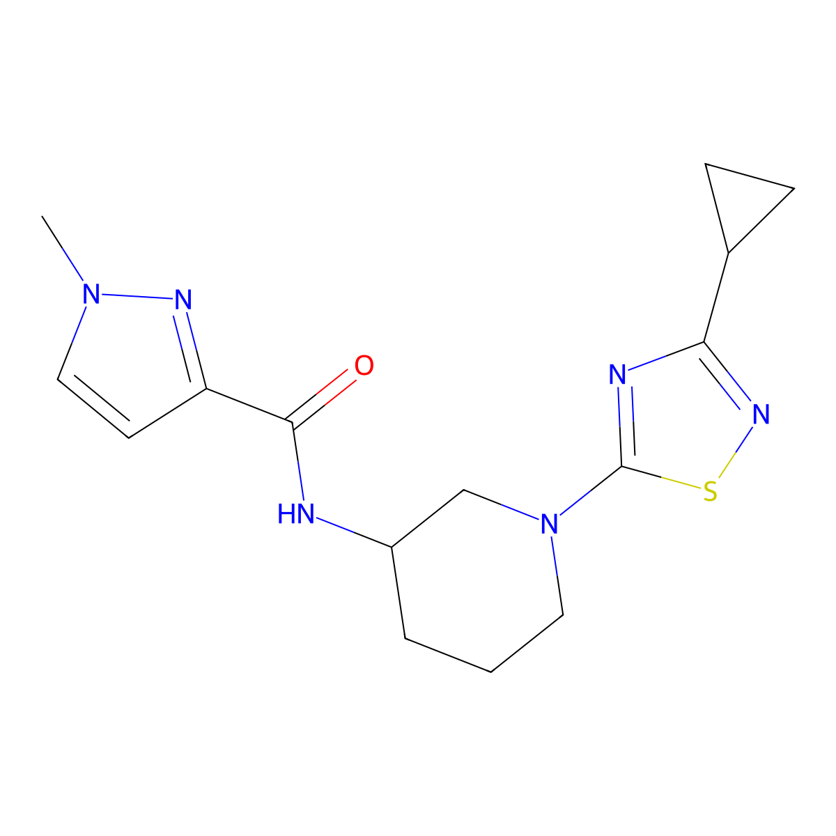 N-[1-(3-cyclopropyl-1,2,4-thiadiazol-5-yl)piperidin-3-yl]-1-methyl-1H-pyrazole-3-carboxamide molecular structure, CAS 3054537-16-2