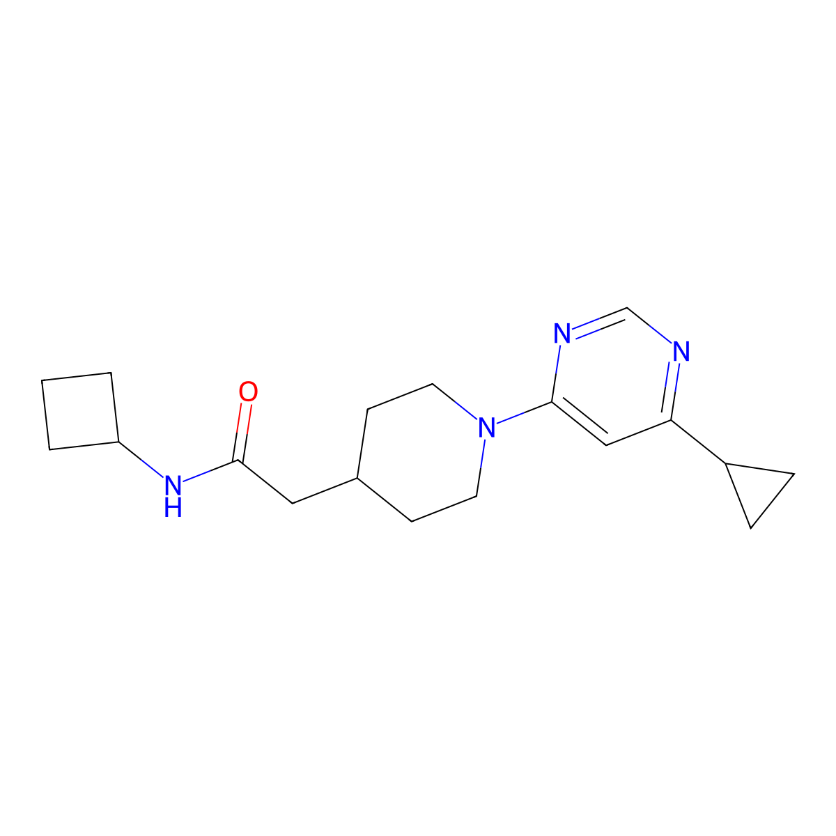 N-cyclobutyl-2-[1-(6-cyclopropylpyrimidin-4-yl)piperidin-4-yl]acetamide molecular structure, CAS 3054537-17-3