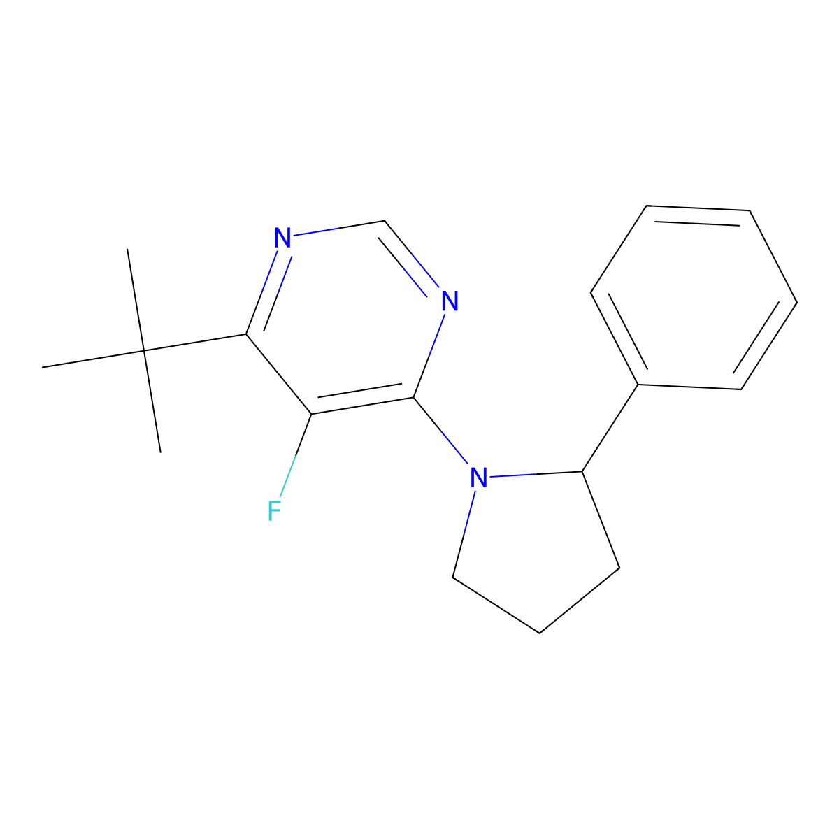 4-Tert-butyl-5-fluoro-6-(2-phenylpyrrolidin-1-yl)pyrimidine molecular structure, CAS 3054537-24-2