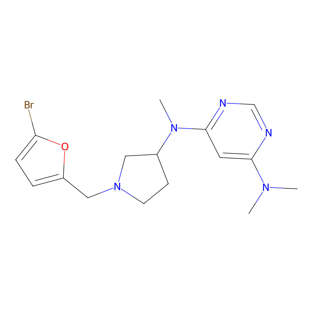 N4-{1-[(5-bromofuran-2-yl)methyl]pyrrolidin-3-yl}-N4,N6,N6-trimethylpyrimidine-4,6-diamine molecular structure, CAS 3054537-25-3