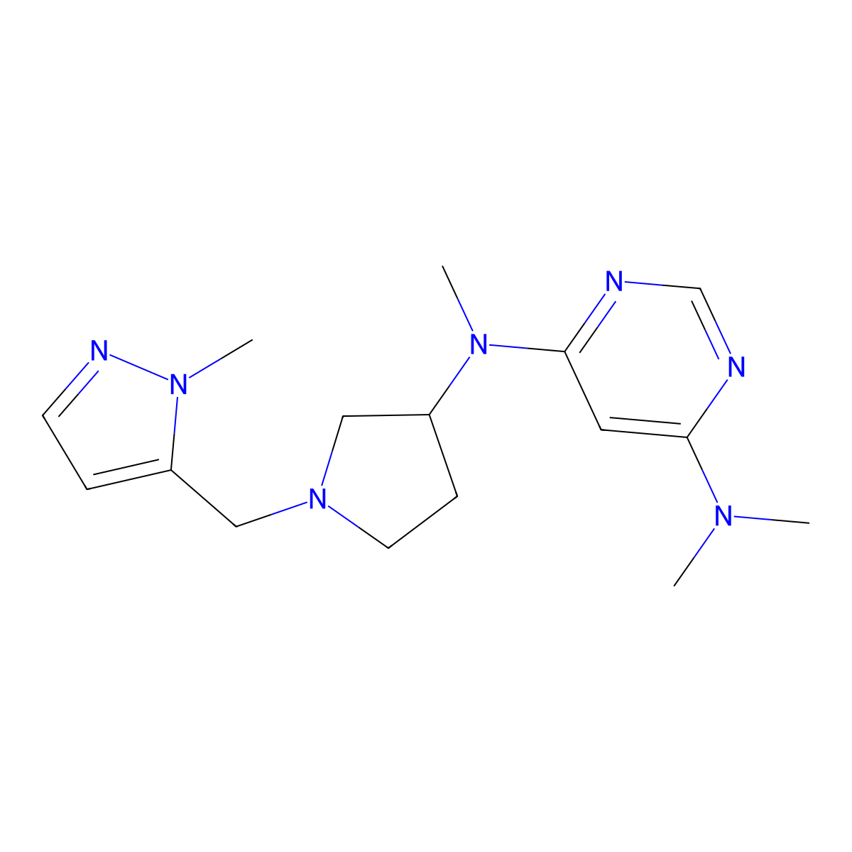 N4,N4,N6-trimethyl-N6-{1-[(1-methyl-1H-pyrazol-5-yl)methyl]pyrrolidin-3-yl}pyrimidine-4,6-diamine molecular structure, CAS 3054537-28-6