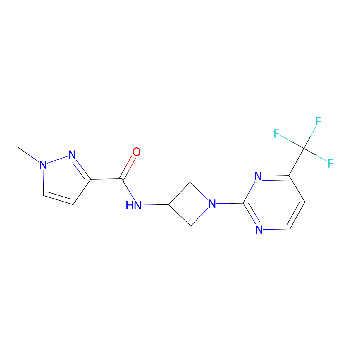 1-methyl-N-{1-[4-(trifluoromethyl)pyrimidin-2-yl]azetidin-3-yl}-1H-pyrazole-3-carboxamide molecular structure, CAS 3054537-36-6
