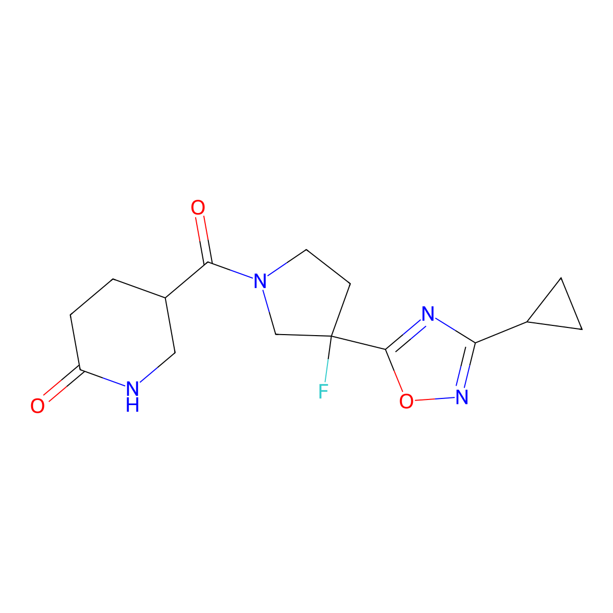 5-[3-(3-Cyclopropyl-1,2,4-oxadiazol-5-yl)-3-fluoropyrrolidine-1-carbonyl]piperidin-2-one molecular structure, CAS 3054537-41-3