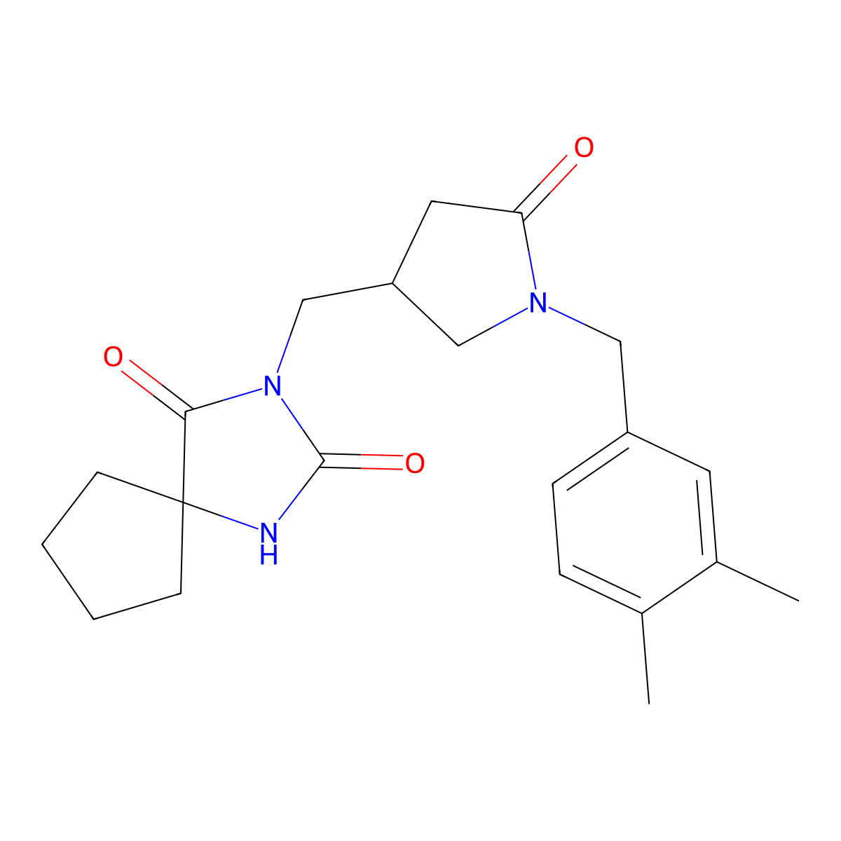 3-({1-[(3,4-Dimethylphenyl)methyl]-5-oxopyrrolidin-3-yl}methyl)-1,3-diazaspiro[4.4]nonane-2,4-dione molecular structure, CAS 3054537-43-5