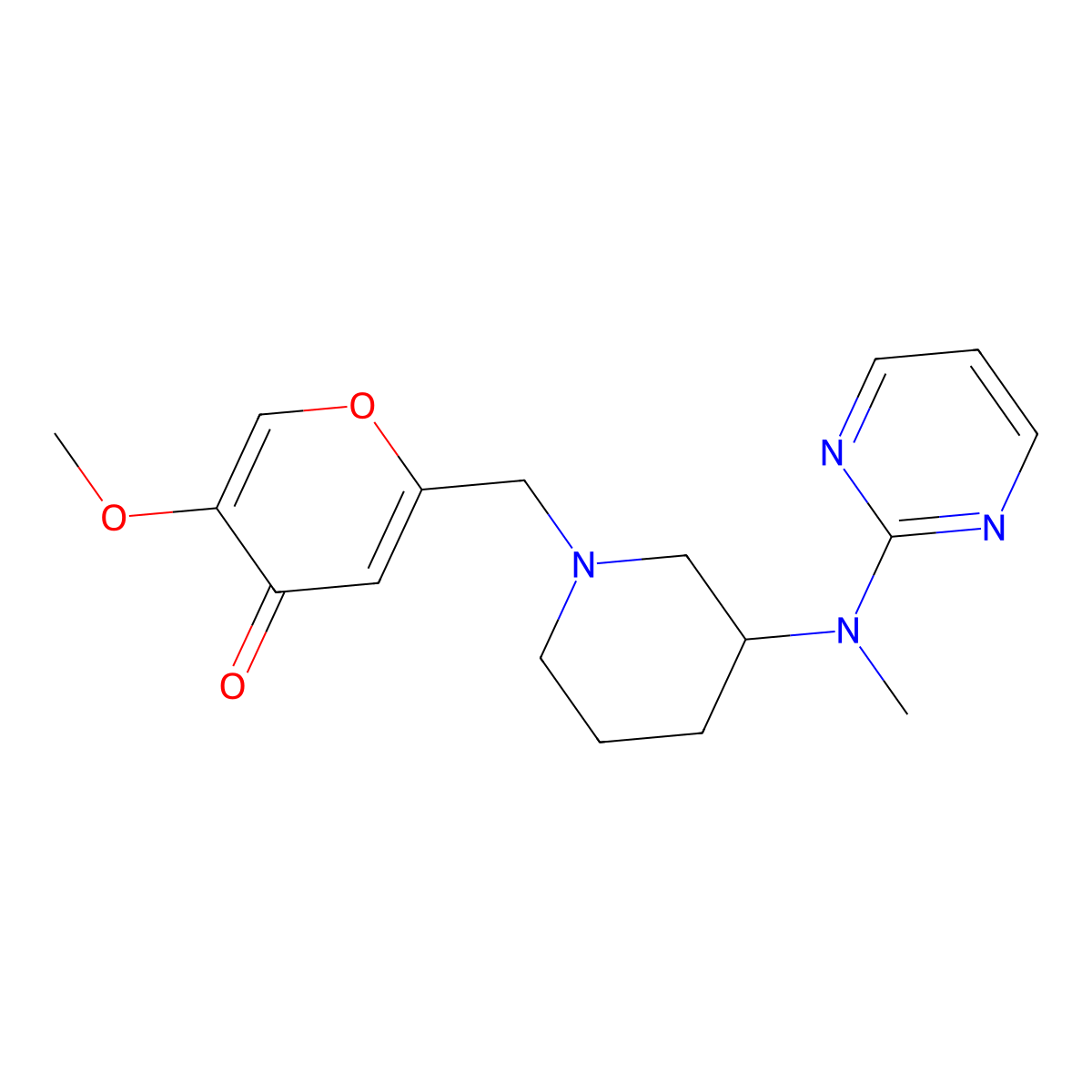 5-methoxy-2-({3-[methyl(pyrimidin-2-yl)amino]piperidin-1-yl}methyl)-4H-pyran-4-one molecular structure, CAS 3054537-49-1