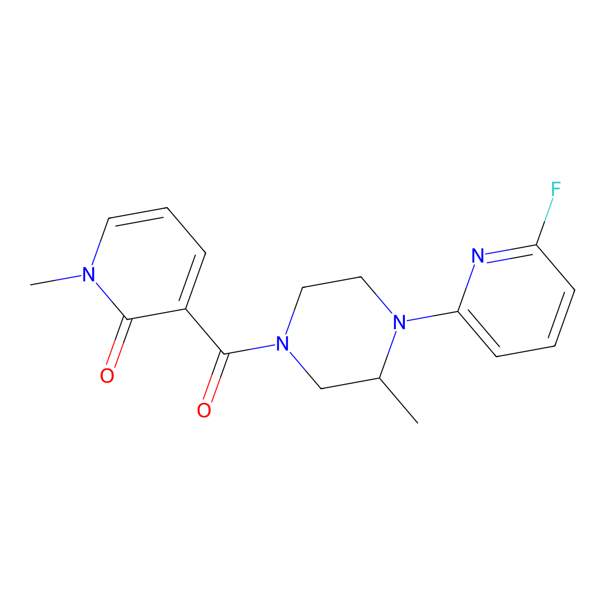 3-[4-(6-Fluoropyridin-2-yl)-3-methylpiperazine-1-carbonyl]-1-methyl-1,2-dihydropyridin-2-one molecular structure, CAS 3054537-68-4