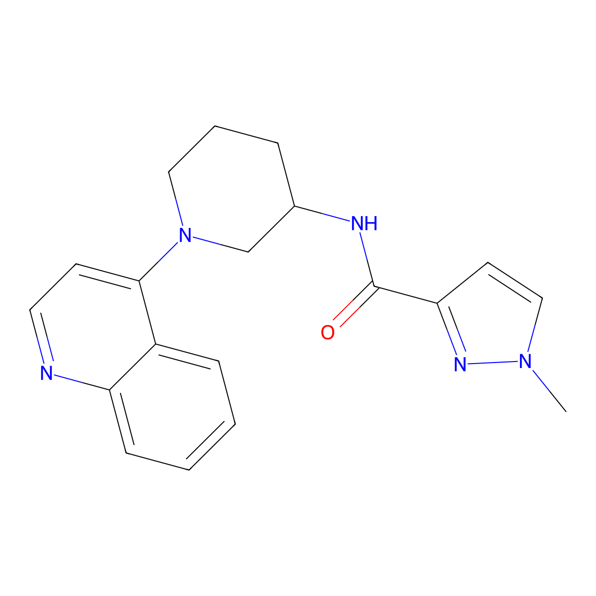 1-methyl-N-[1-(quinolin-4-yl)piperidin-3-yl]-1H-pyrazole-3-carboxamide molecular structure, CAS 3054537-72-0