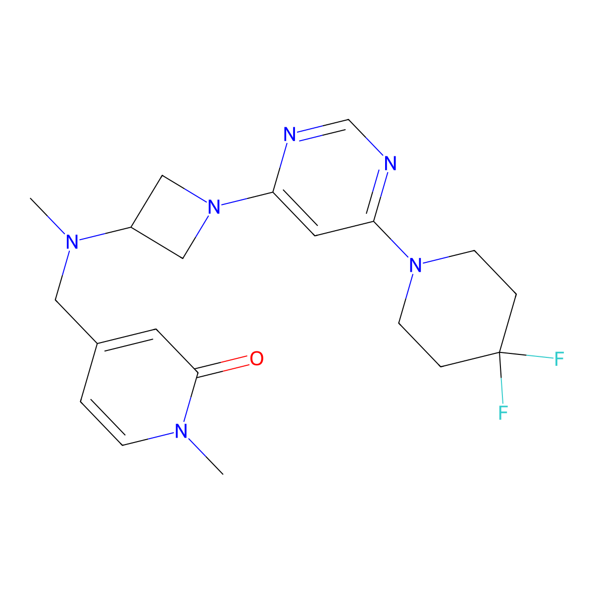 4-[({1-[6-(4,4-Difluoropiperidin-1-yl)pyrimidin-4-yl]azetidin-3-yl}(methyl)amino)methyl]-1-methyl-1,2-dihydropyridin-2-one molecular structure, CAS 3054537-82-2