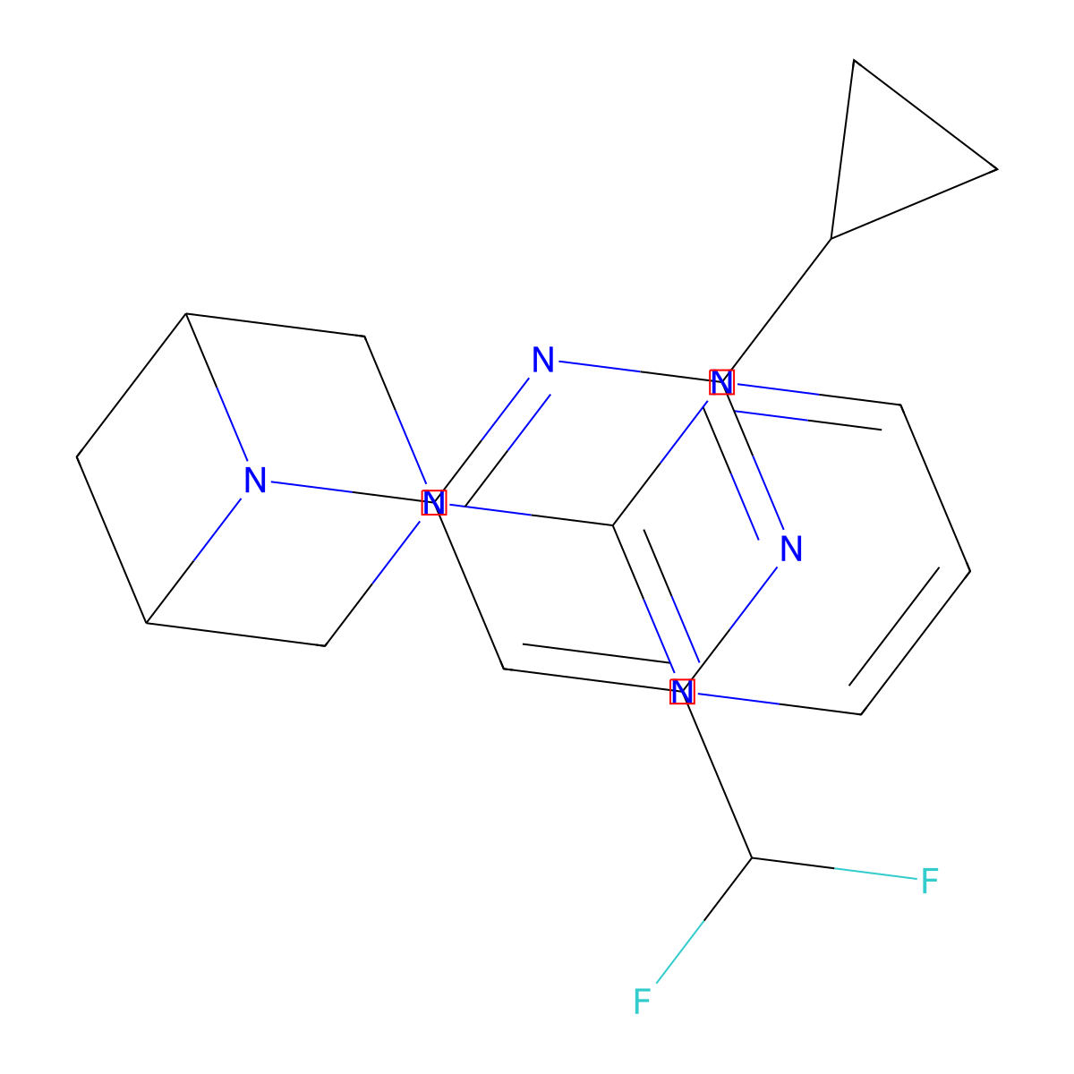 6-[2-Cyclopropyl-6-(difluoromethyl)pyrimidin-4-yl]-3-(pyrimidin-2-yl)-3,6-diazabicyclo[3.1.1]heptane molecular structure, CAS 3054537-90-2