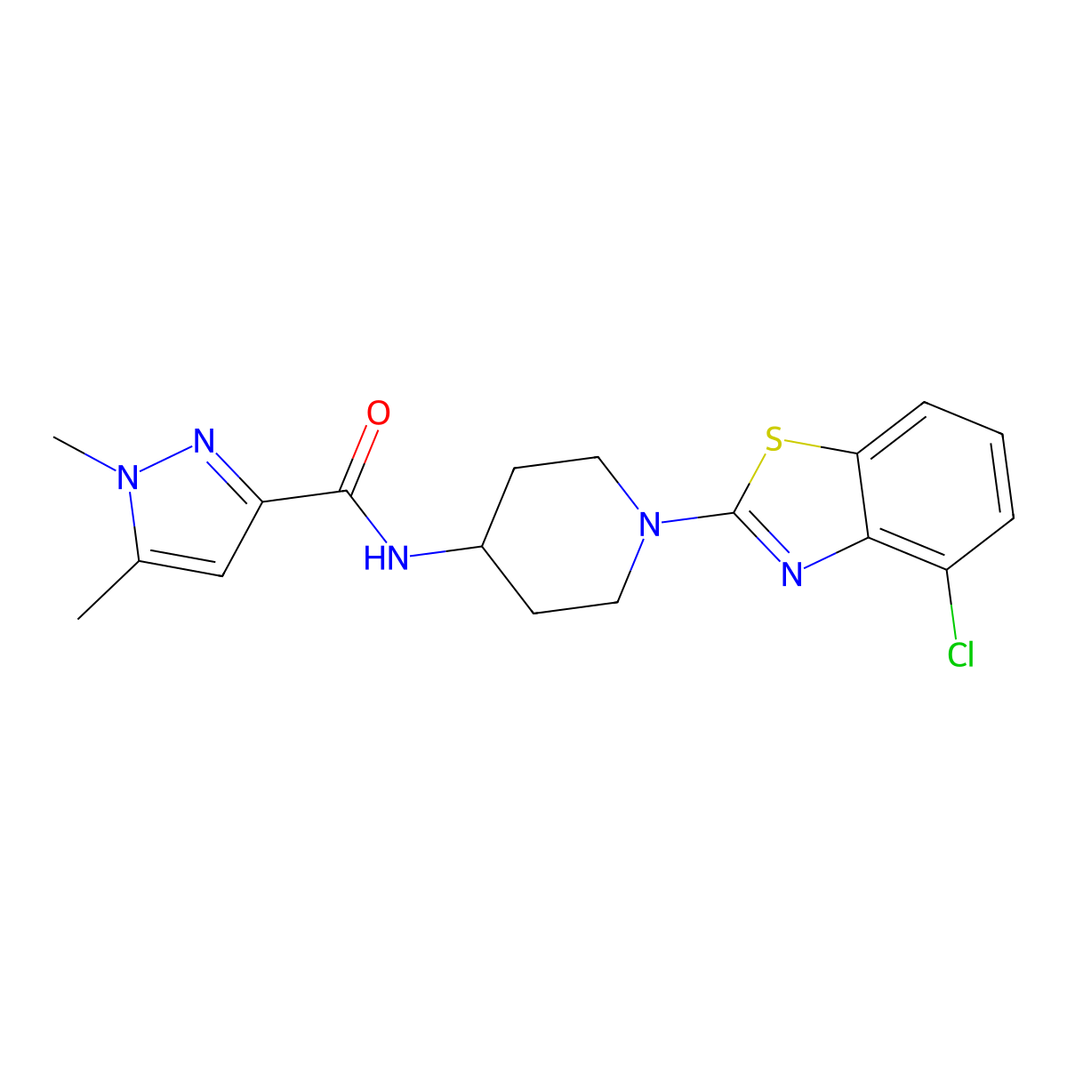 N-[1-(4-chloro-1,3-benzothiazol-2-yl)piperidin-4-yl]-1,5-dimethyl-1H-pyrazole-3-carboxamide molecular structure, CAS 3054538-04-1