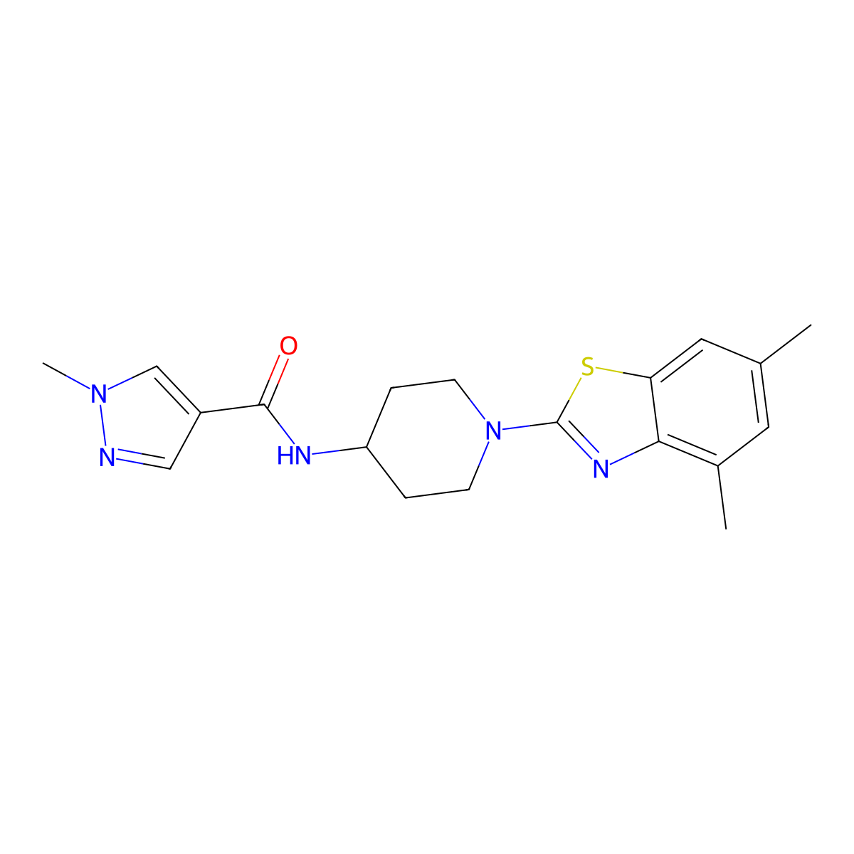 N-[1-(4,6-dimethyl-1,3-benzothiazol-2-yl)piperidin-4-yl]-1-methyl-1H-pyrazole-4-carboxamide molecular structure, CAS 3054538-12-1