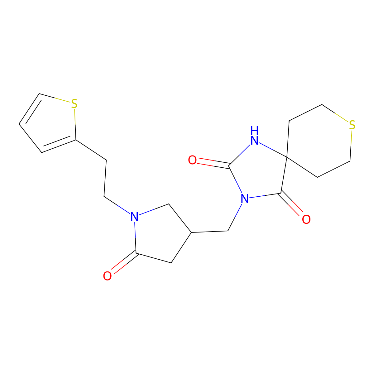 3-({5-Oxo-1-[2-(thiophen-2-yl)ethyl]pyrrolidin-3-yl}methyl)-8-thia-1,3-diazaspiro[4.5]decane-2,4-dione molecular structure, CAS 3054538-14-3