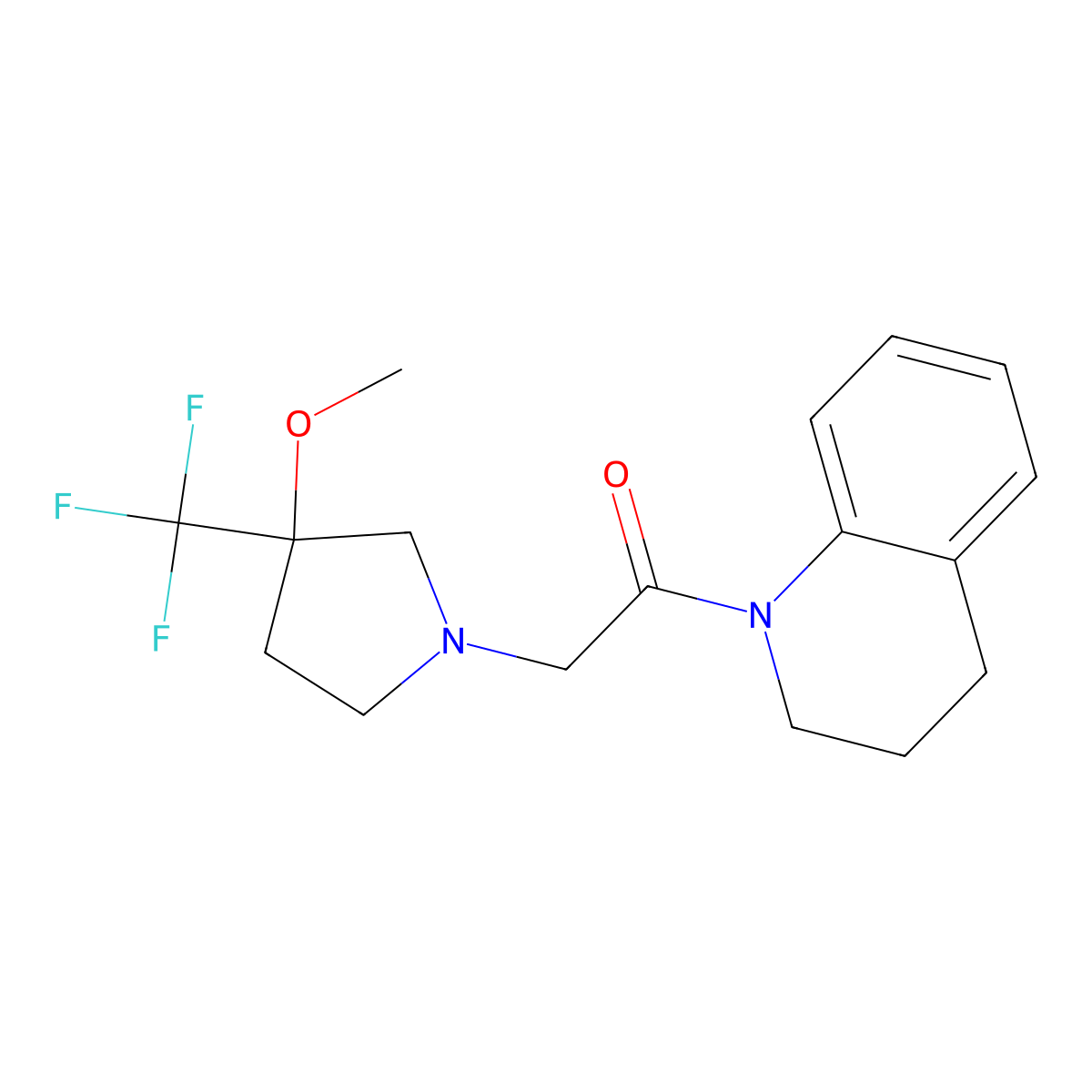 2-[3-Methoxy-3-(trifluoromethyl)pyrrolidin-1-yl]-1-(1,2,3,4-tetrahydroquinolin-1-yl)ethan-1-one molecular structure, CAS 3054538-17-6