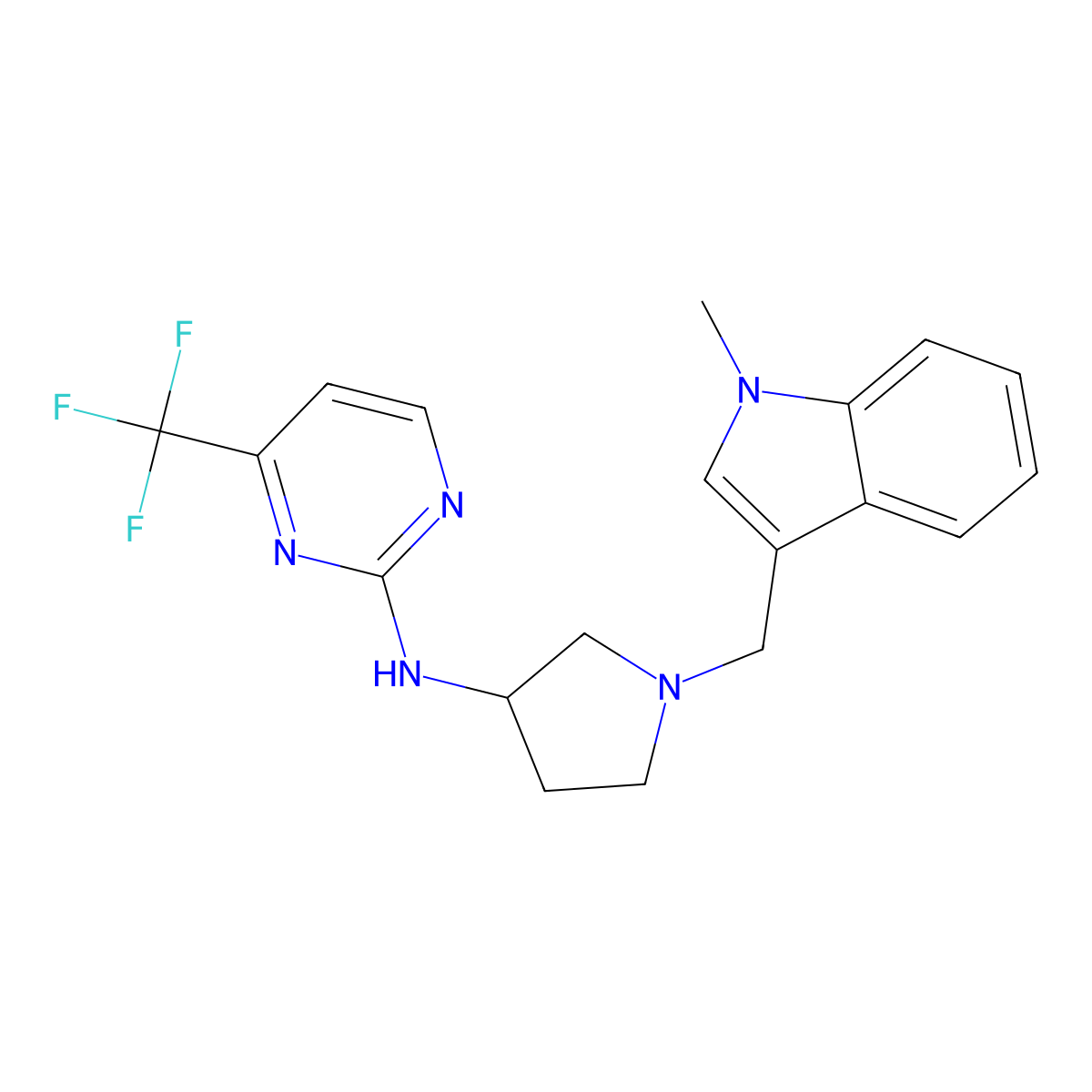 N-{1-[(1-methyl-1H-indol-3-yl)methyl]pyrrolidin-3-yl}-4-(trifluoromethyl)pyrimidin-2-amine molecular structure, CAS 3054538-33-6