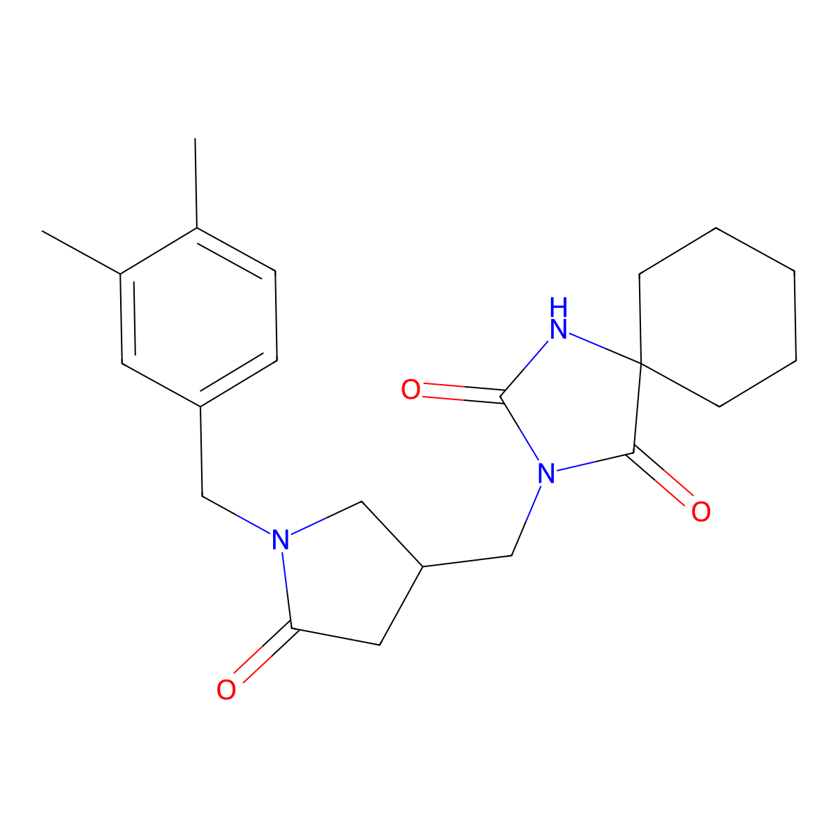 3-({1-[(3,4-Dimethylphenyl)methyl]-5-oxopyrrolidin-3-yl}methyl)-1,3-diazaspiro[4.5]decane-2,4-dione molecular structure, CAS 3054538-35-8