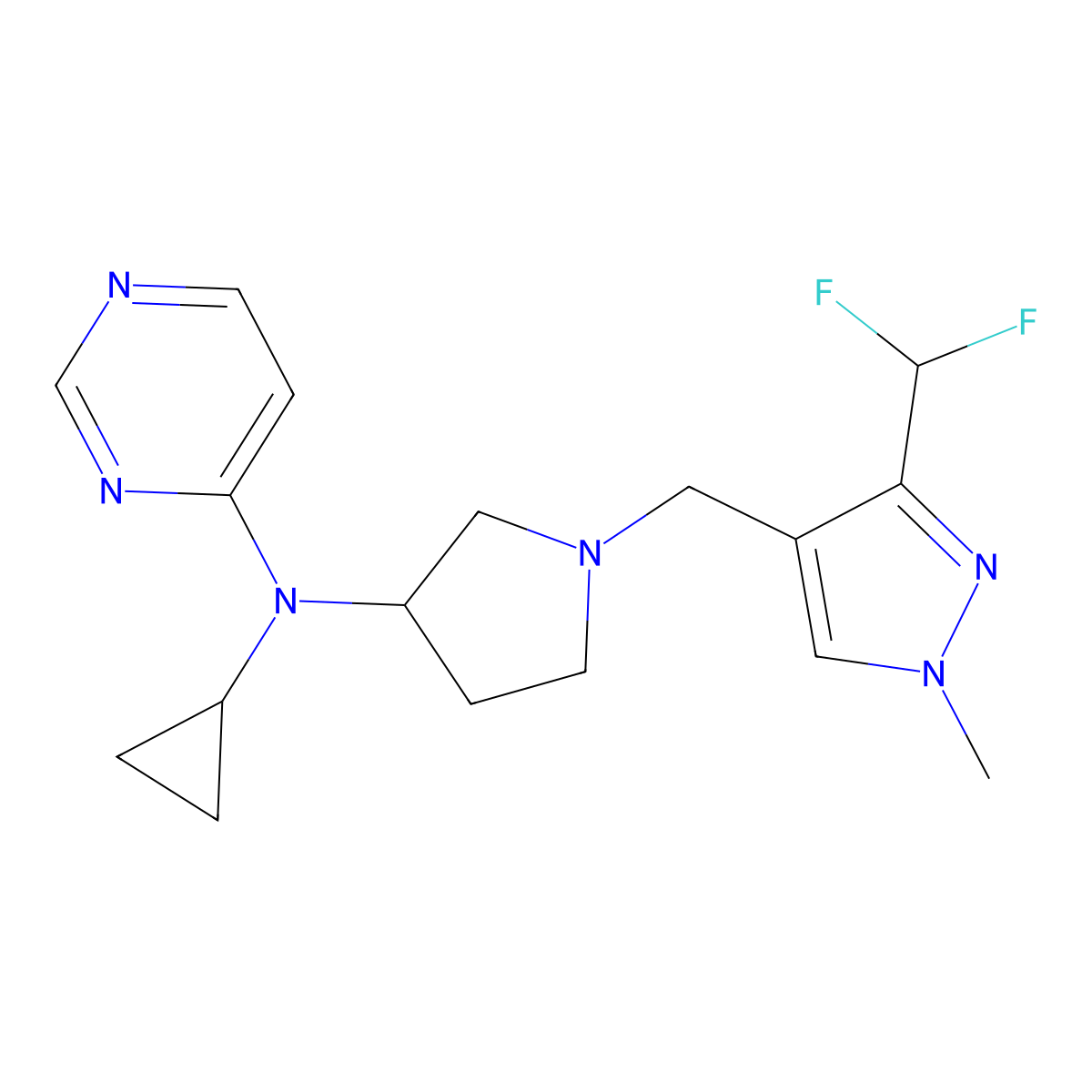 N-cyclopropyl-N-(1-{[3-(difluoromethyl)-1-methyl-1H-pyrazol-4-yl]methyl}pyrrolidin-3-yl)pyrimidin-4-amine molecular structure, CAS 3054538-37-0