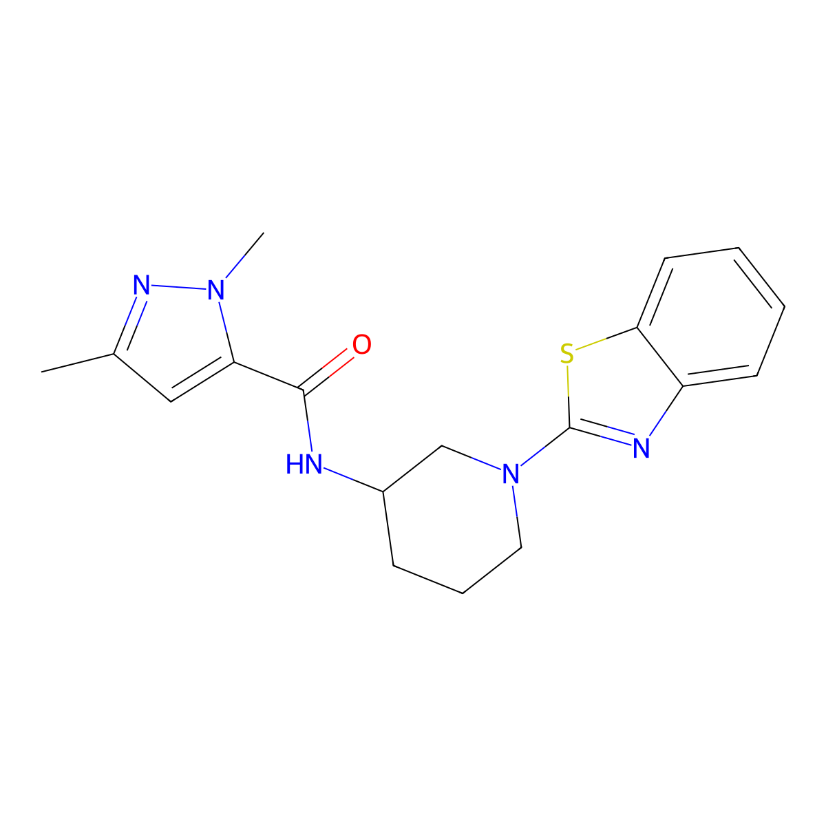 N-[1-(1,3-benzothiazol-2-yl)piperidin-3-yl]-1,3-dimethyl-1H-pyrazole-5-carboxamide molecular structure, CAS 3054538-38-1