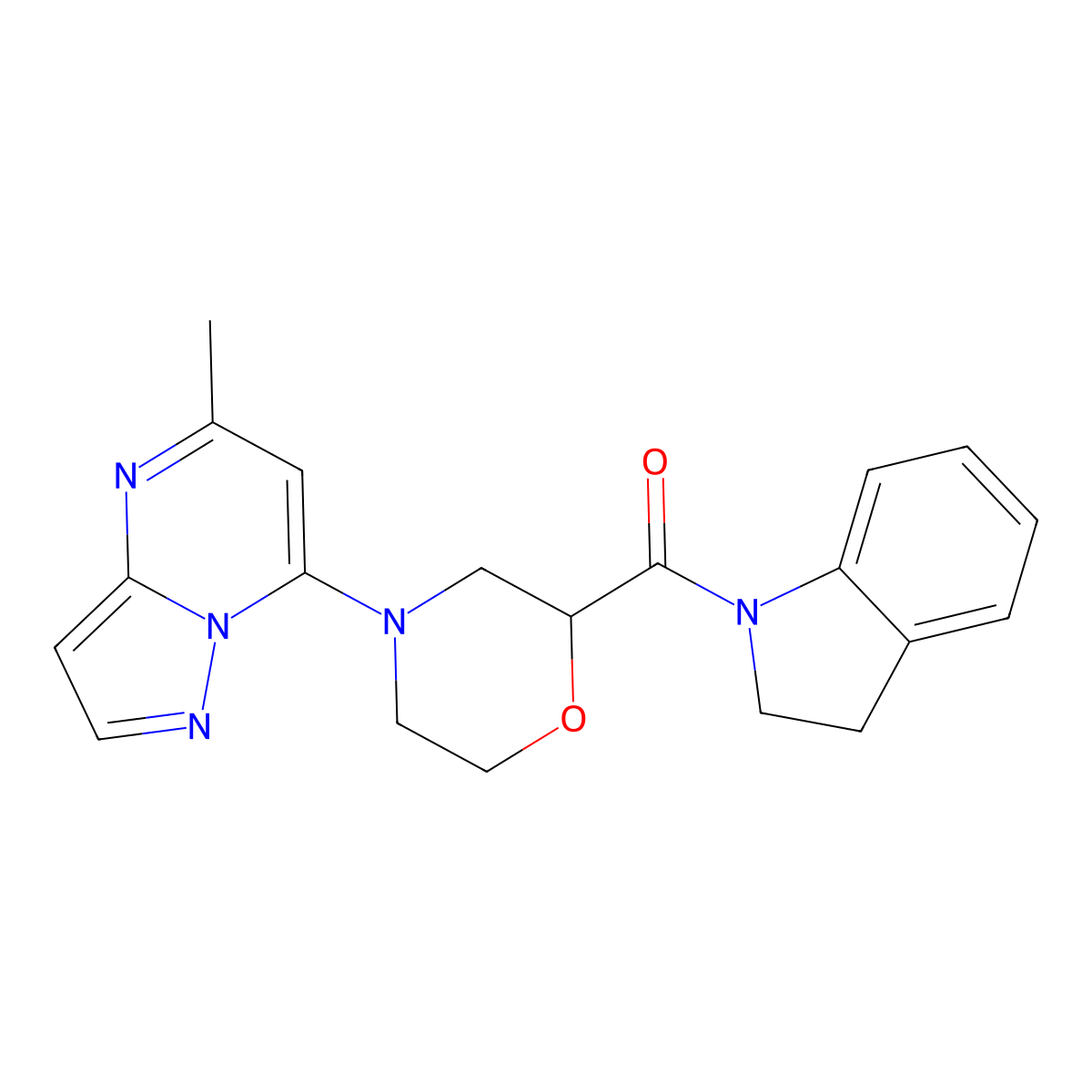 1-(4-{5-methylpyrazolo[1,5-a]pyrimidin-7-yl}morpholine-2-carbonyl)-2,3-dihydro-1H-indole molecular structure, CAS 3054538-39-2