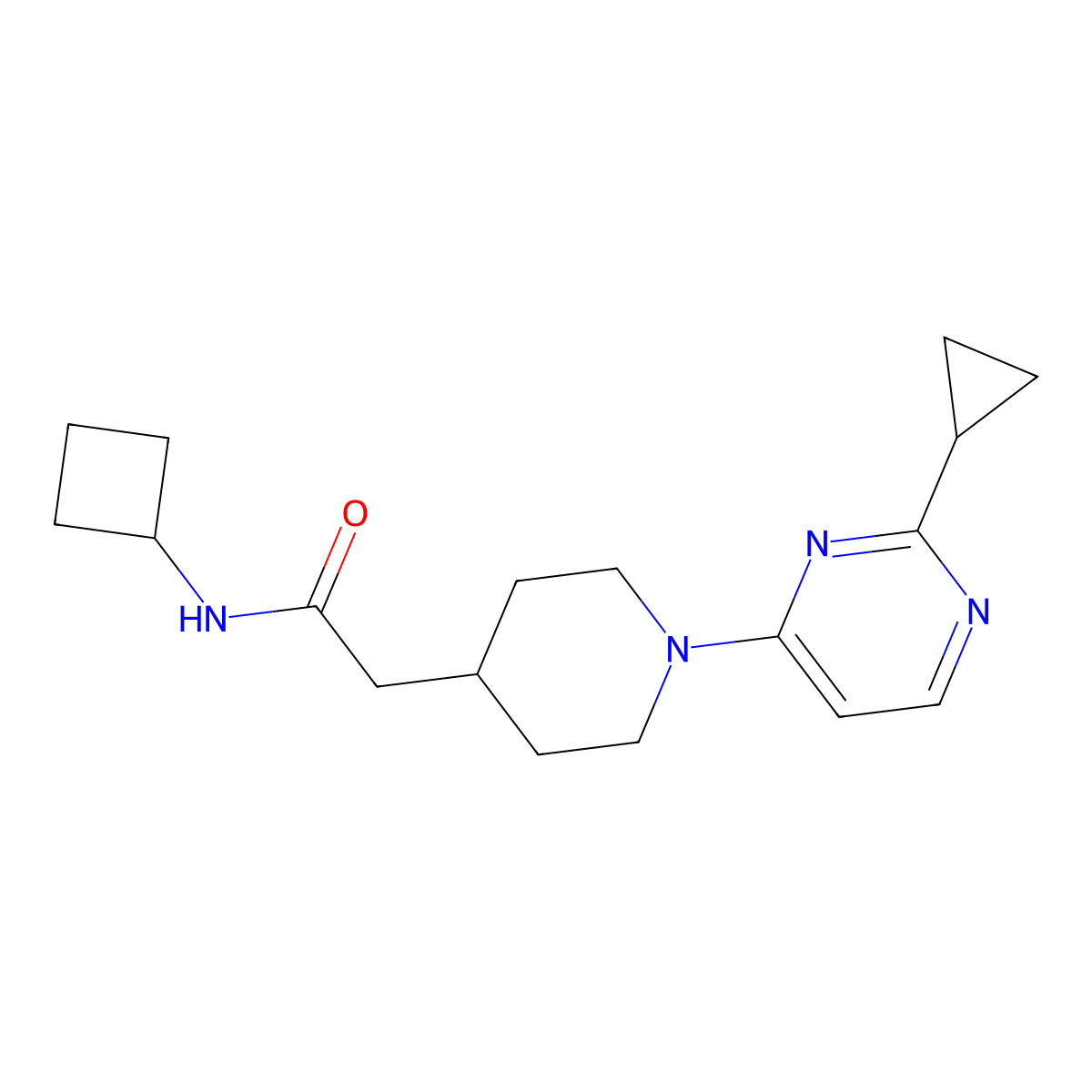 N-cyclobutyl-2-[1-(2-cyclopropylpyrimidin-4-yl)piperidin-4-yl]acetamide molecular structure, CAS 3054538-40-5