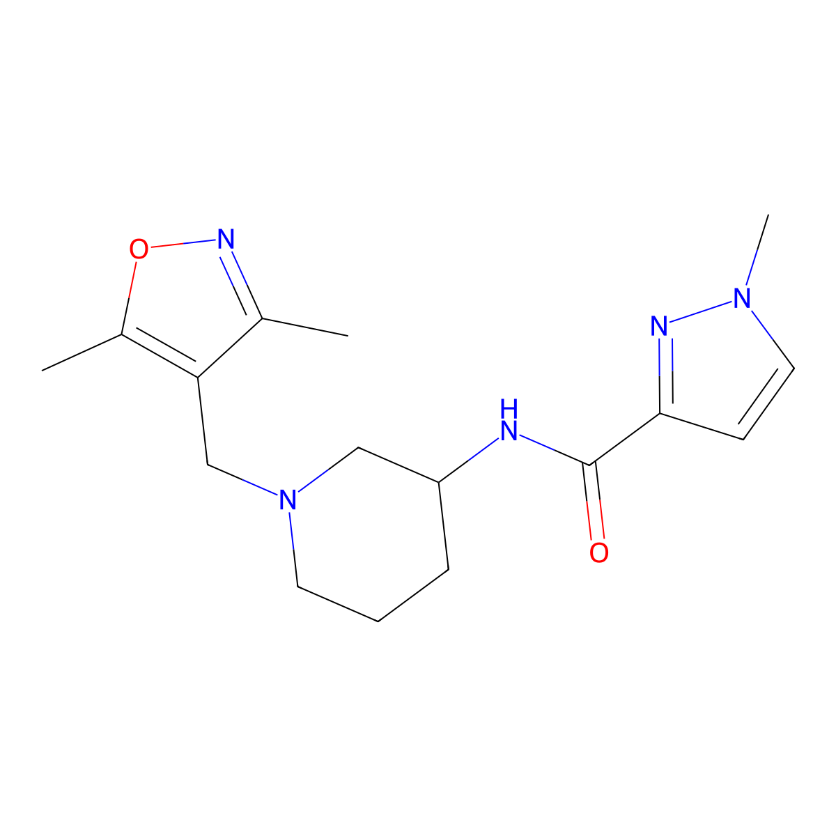 N-{1-[(3,5-dimethyl-1,2-oxazol-4-yl)methyl]piperidin-3-yl}-1-methyl-1H-pyrazole-3-carboxamide molecular structure, CAS 3054538-48-3