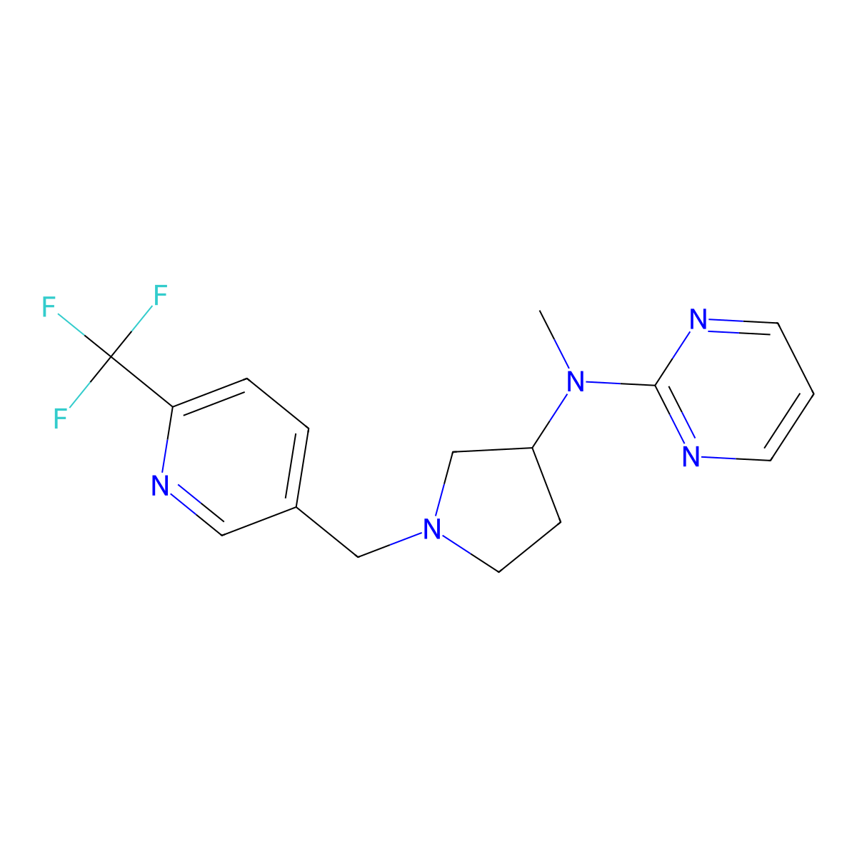 N-methyl-N-(1-{[6-(trifluoromethyl)pyridin-3-yl]methyl}pyrrolidin-3-yl)pyrimidin-2-amine molecular structure, CAS 3054538-49-4