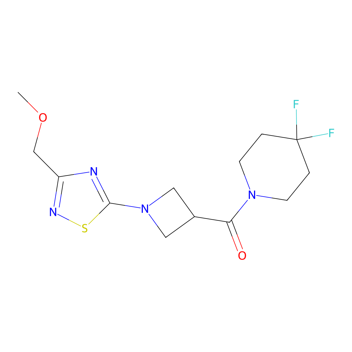 4,4-Difluoro-1-{1-[3-(methoxymethyl)-1,2,4-thiadiazol-5-yl]azetidine-3-carbonyl}piperidine molecular structure, CAS 3054538-57-4