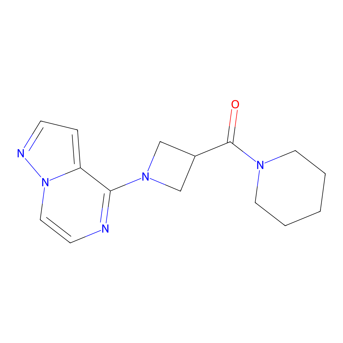 1-(1-{Pyrazolo[1,5-a]pyrazin-4-yl}azetidine-3-carbonyl)piperidine molecular structure, CAS 3054538-59-6