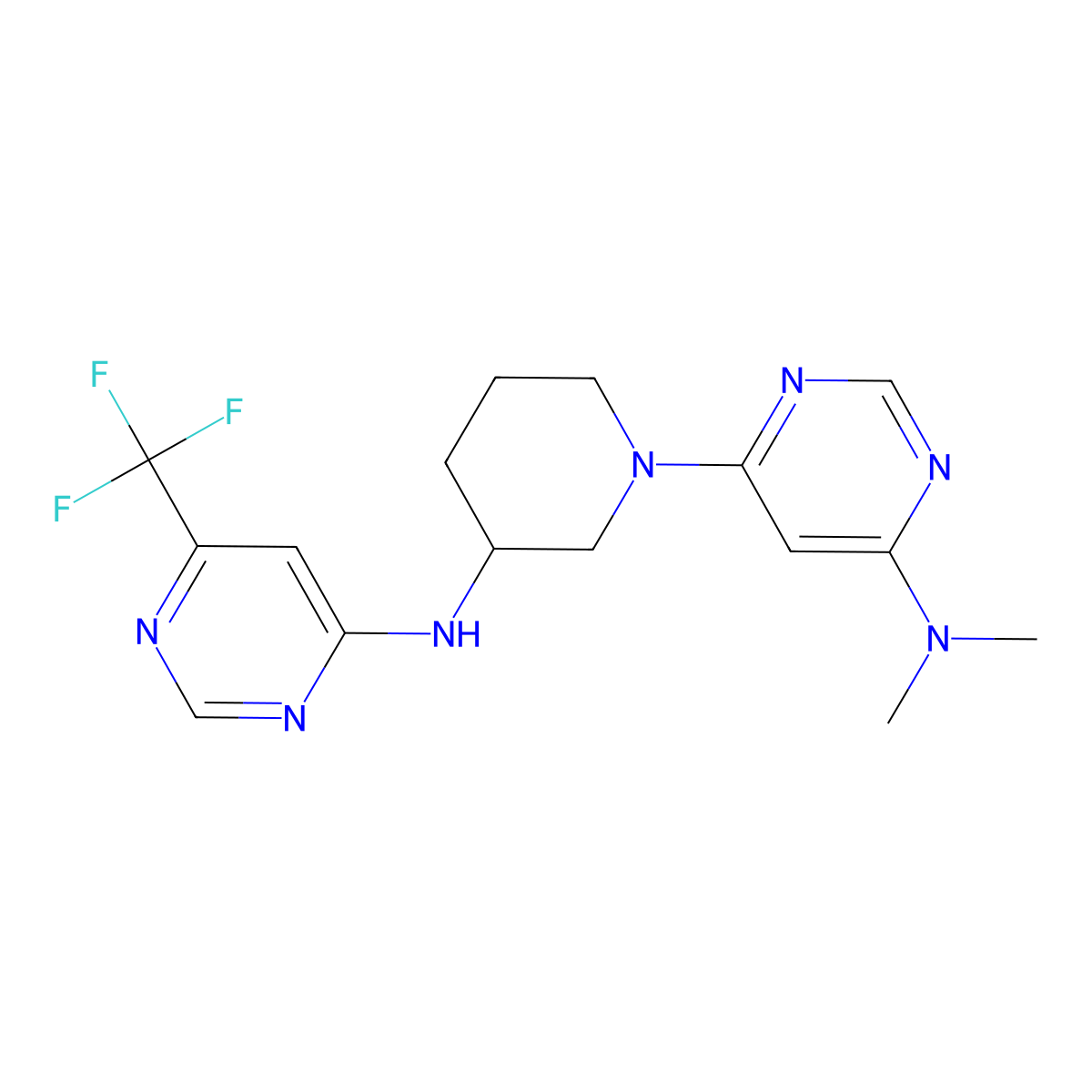 N,N-dimethyl-6-(3-{[6-(trifluoromethyl)pyrimidin-4-yl]amino}piperidin-1-yl)pyrimidin-4-amine molecular structure, CAS 3054538-60-9