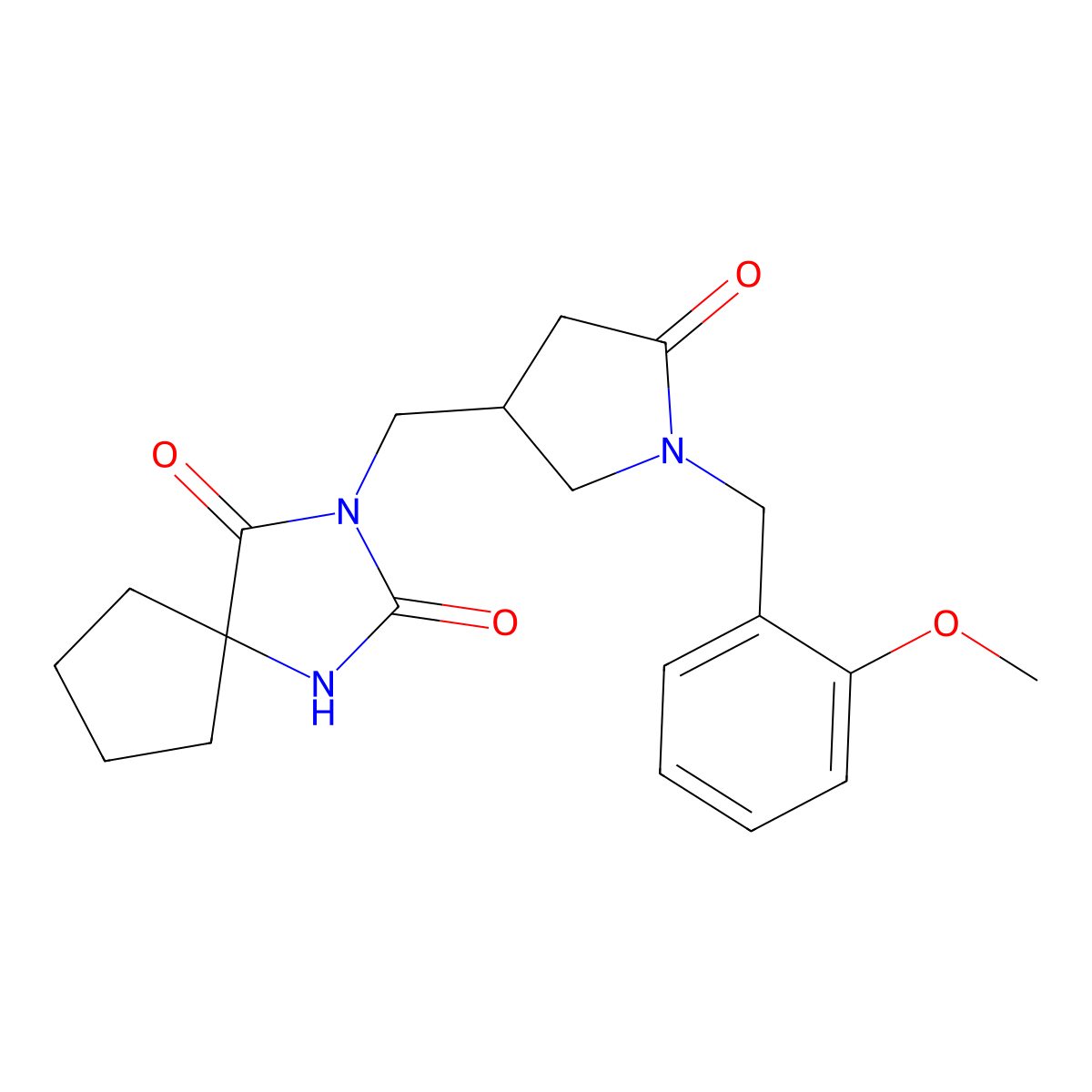 3-({1-[(2-Methoxyphenyl)methyl]-5-oxopyrrolidin-3-yl}methyl)-1,3-diazaspiro[4.4]nonane-2,4-dione molecular structure, CAS 3054538-62-1