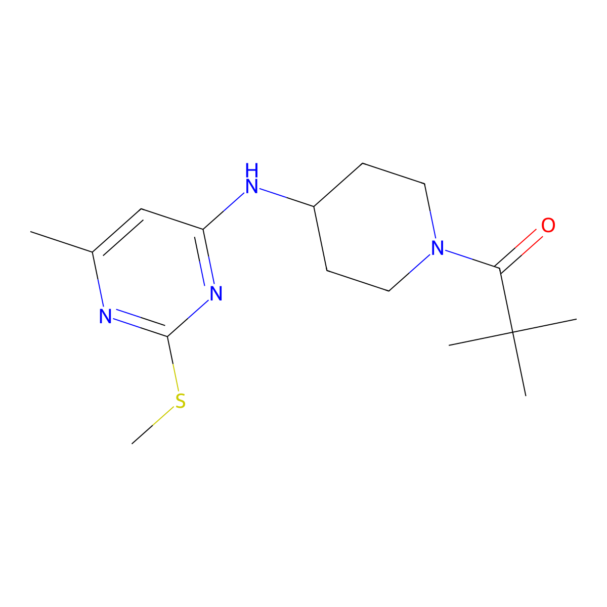 2,2-Dimethyl-1-(4-{[6-methyl-2-(methylsulfanyl)pyrimidin-4-yl]amino}piperidin-1-yl)propan-1-one molecular structure, CAS 3054538-66-5