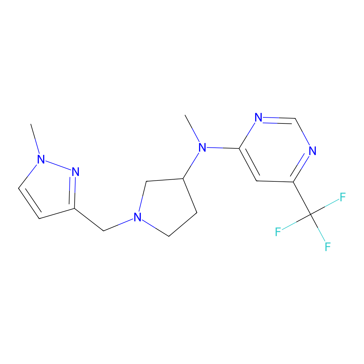 N-methyl-N-{1-[(1-methyl-1H-pyrazol-3-yl)methyl]pyrrolidin-3-yl}-6-(trifluoromethyl)pyrimidin-4-amine molecular structure, CAS 3054538-74-5