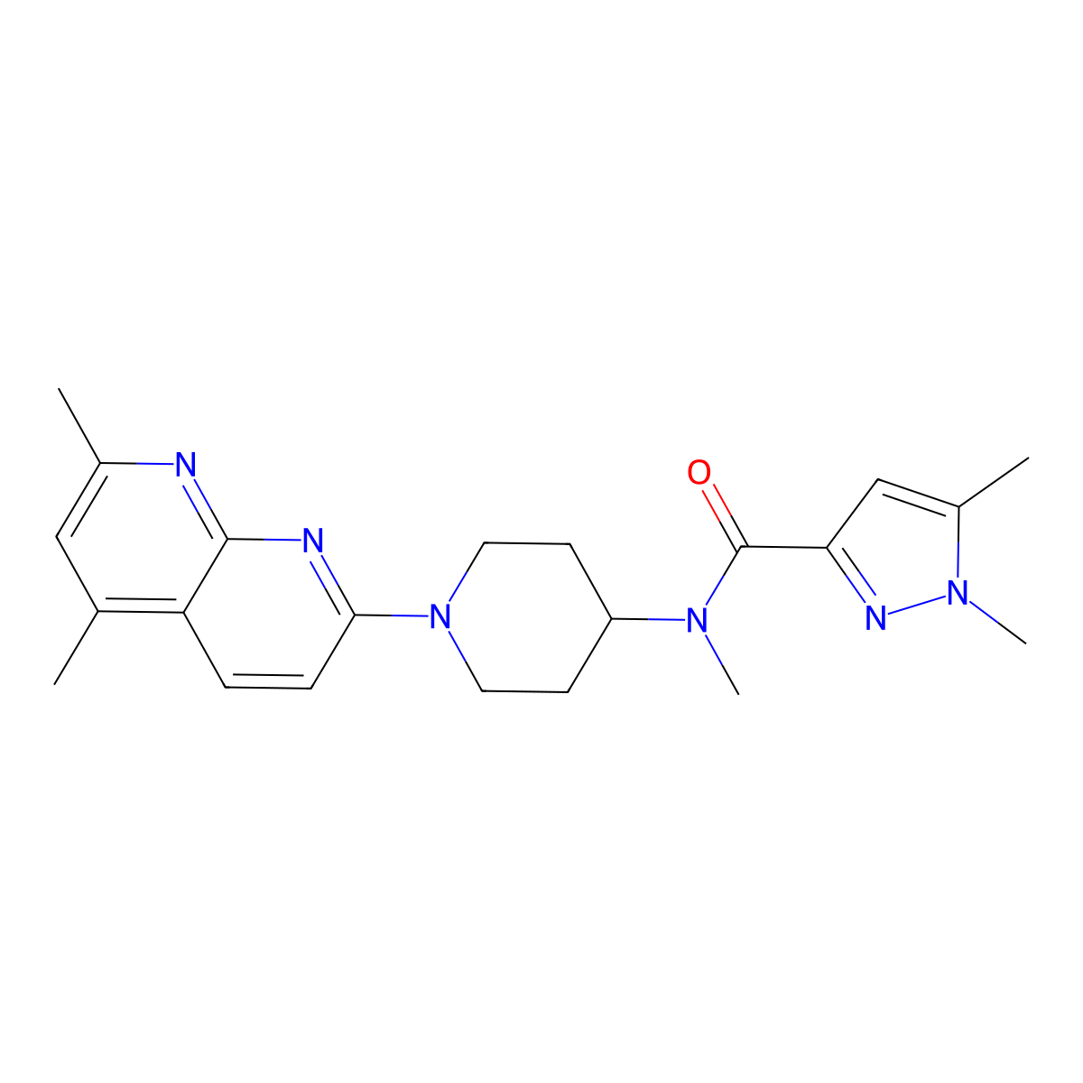 N-[1-(5,7-dimethyl-1,8-naphthyridin-2-yl)piperidin-4-yl]-N,1,5-trimethyl-1H-pyrazole-3-carboxamide molecular structure, CAS 3054538-75-6