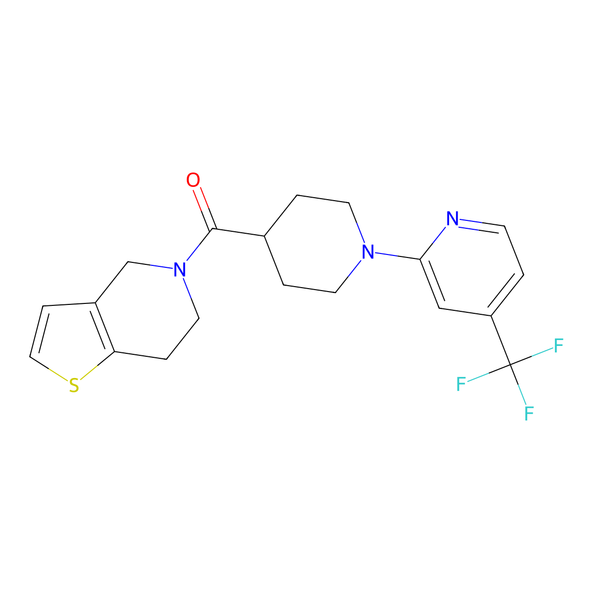 2-(4-{4H,5H,6H,7H-thieno[3,2-c]pyridine-5-carbonyl}piperidin-1-yl)-4-(trifluoromethyl)pyridine molecular structure, CAS 3054538-86-9