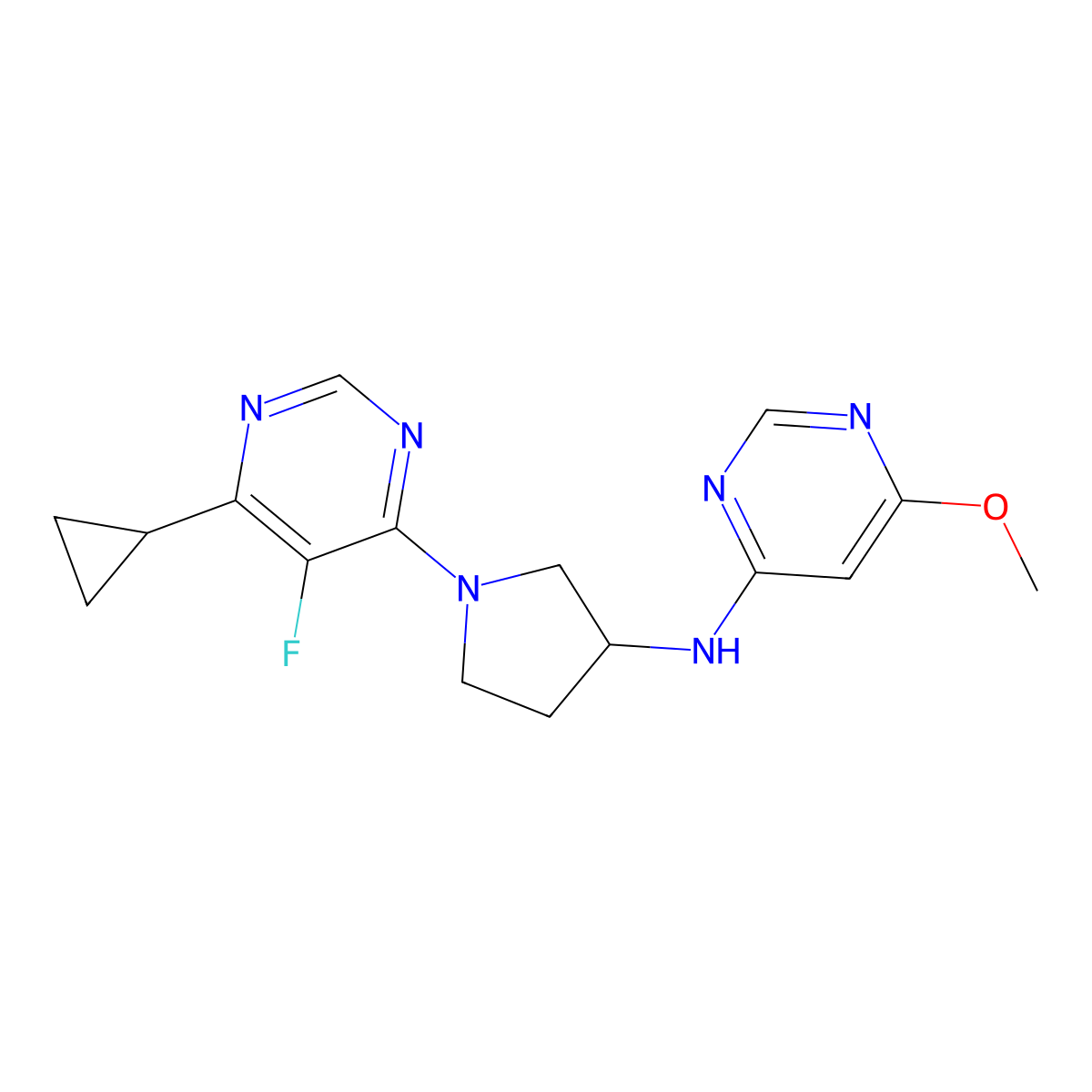 N-[1-(6-cyclopropyl-5-fluoropyrimidin-4-yl)pyrrolidin-3-yl]-6-methoxypyrimidin-4-amine molecular structure, CAS 3054538-88-1