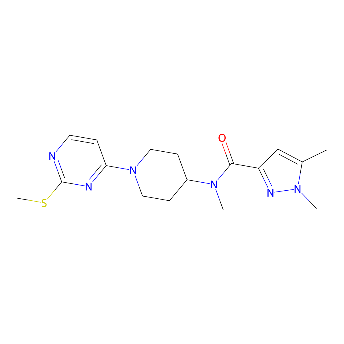 N,1,5-trimethyl-N-{1-[2-(methylsulfanyl)pyrimidin-4-yl]piperidin-4-yl}-1H-pyrazole-3-carboxamide molecular structure, CAS 3054538-95-0