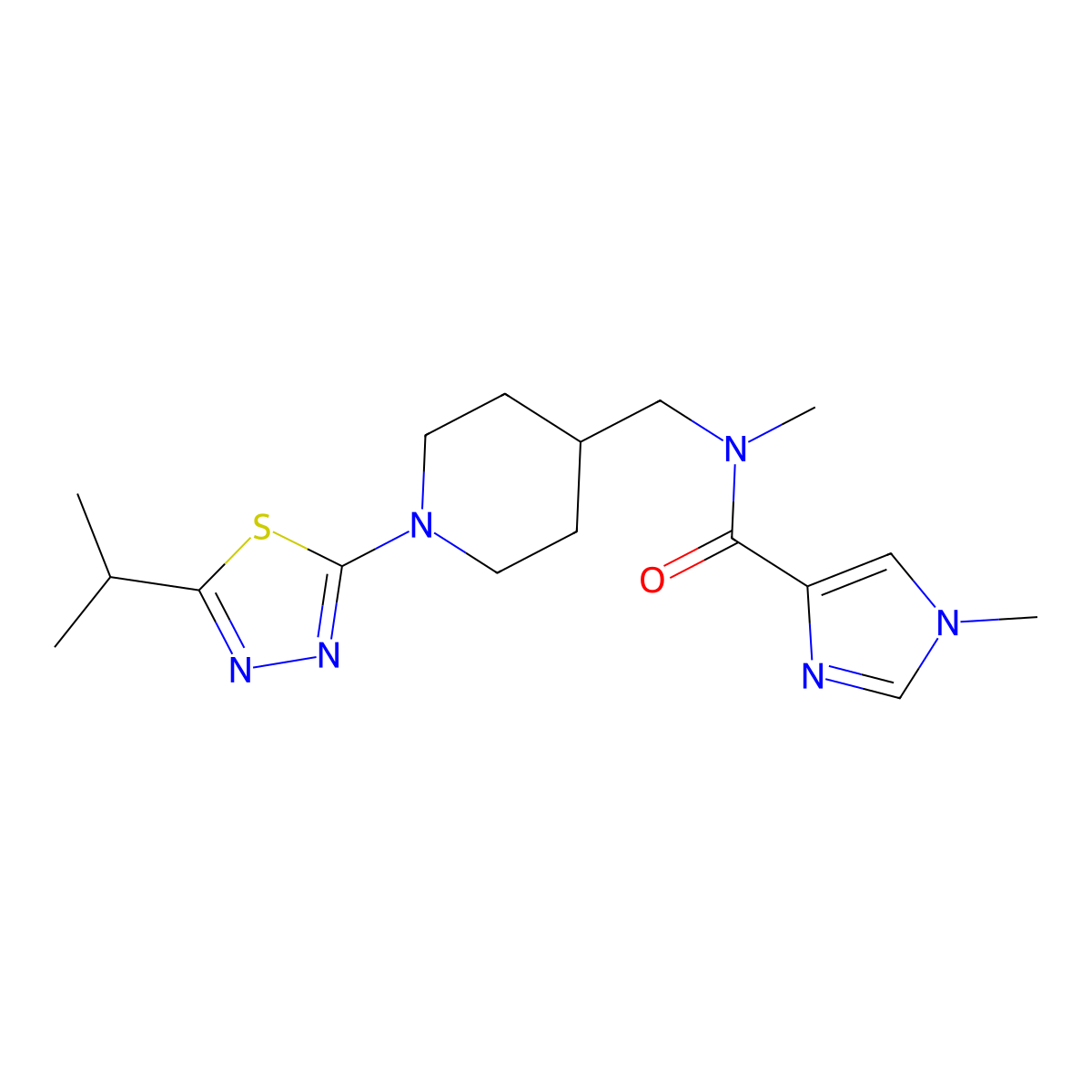 N,1-dimethyl-N-({1-[5-(propan-2-yl)-1,3,4-thiadiazol-2-yl]piperidin-4-yl}methyl)-1H-imidazole-4-carboxamide molecular structure, CAS 3054538-99-4