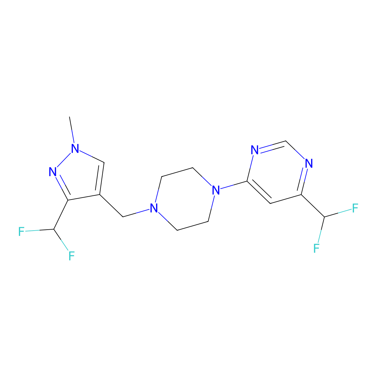4-(difluoromethyl)-6-(4-{[3-(difluoromethyl)-1-methyl-1H-pyrazol-4-yl]methyl}piperazin-1-yl)pyrimidine molecular structure, CAS 3054539-04-4