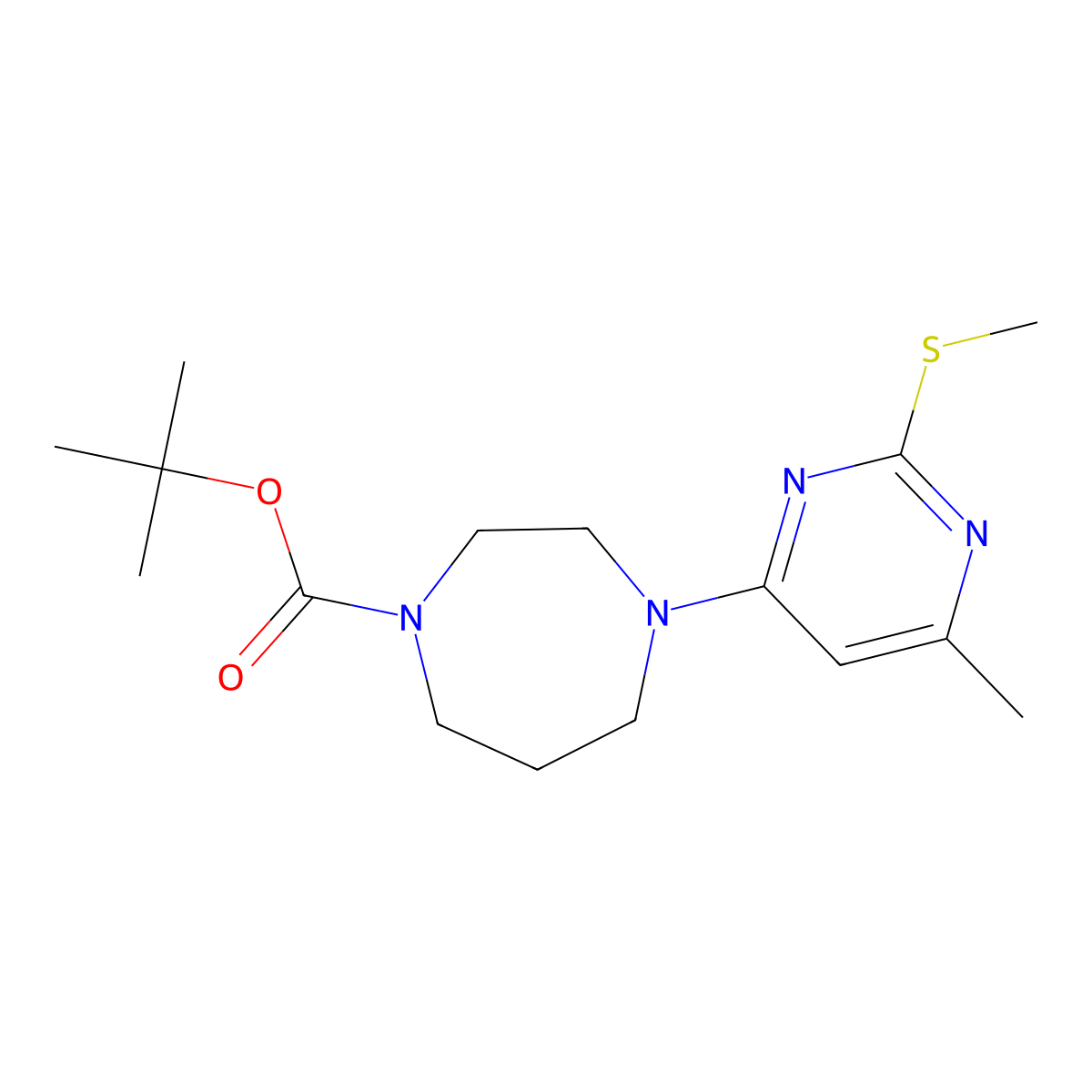 Tert-butyl 4-[6-methyl-2-(methylsulfanyl)pyrimidin-4-yl]-1,4-diazepane-1-carboxylate molecular structure, CAS 3054539-07-7
