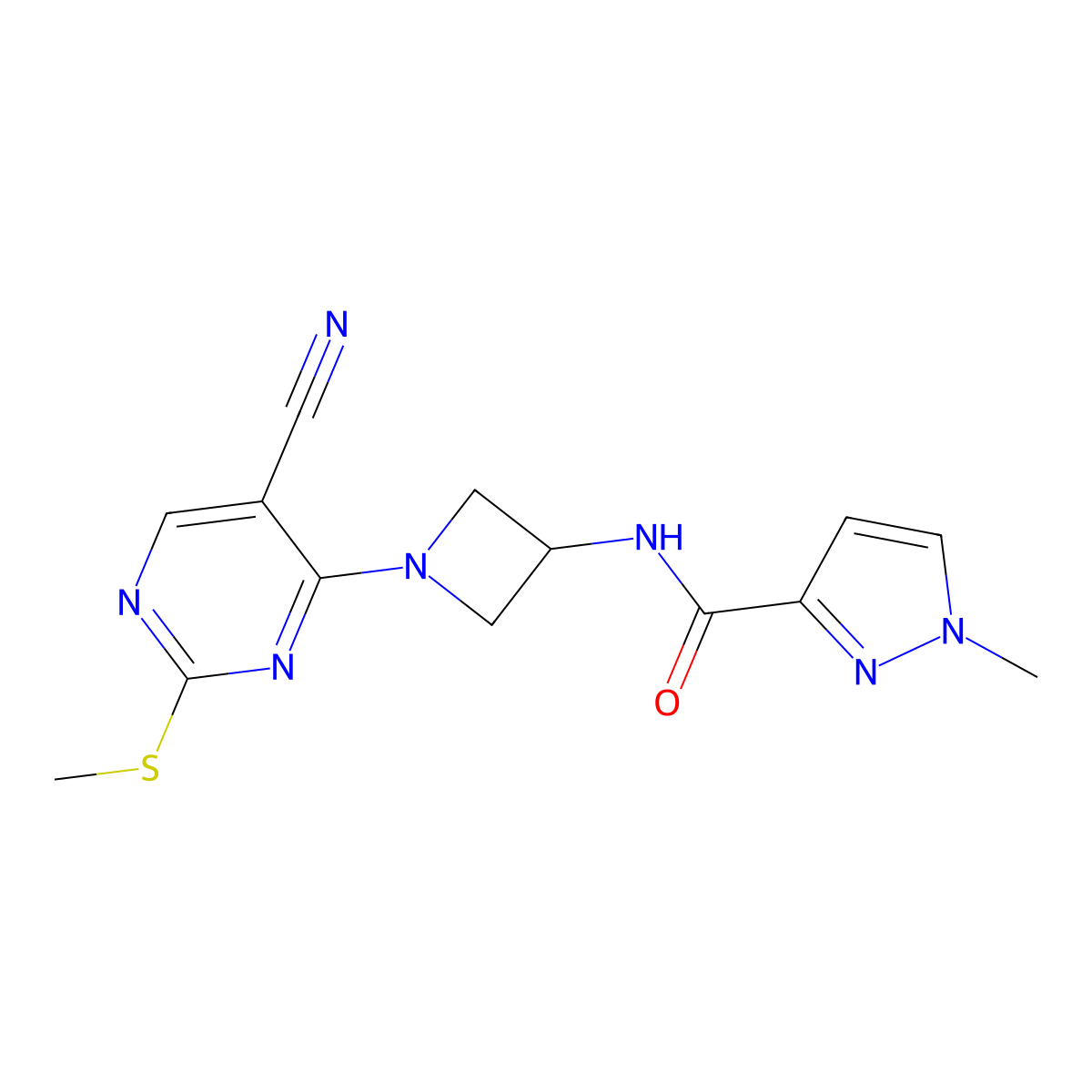 N-{1-[5-cyano-2-(methylsulfanyl)pyrimidin-4-yl]azetidin-3-yl}-1-methyl-1H-pyrazole-3-carboxamide molecular structure, CAS 3054539-10-2