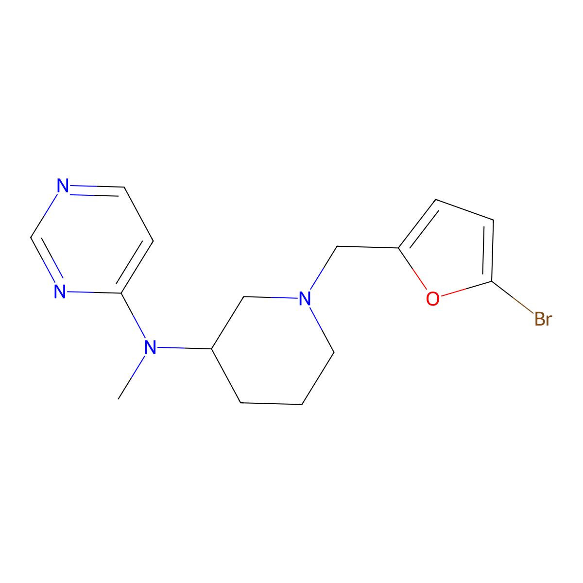N-{1-[(5-bromofuran-2-yl)methyl]piperidin-3-yl}-N-methylpyrimidin-4-amine molecular structure, CAS 3054539-18-0
