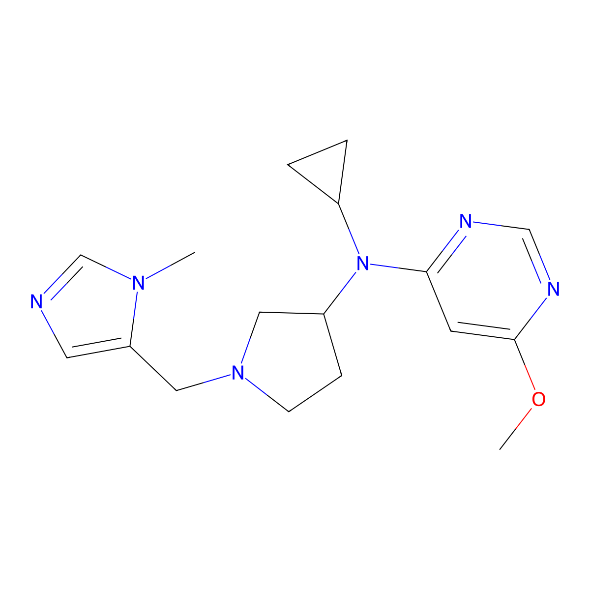 N-cyclopropyl-6-methoxy-N-{1-[(1-methyl-1H-imidazol-5-yl)methyl]pyrrolidin-3-yl}pyrimidin-4-amine molecular structure, CAS 3054539-25-9