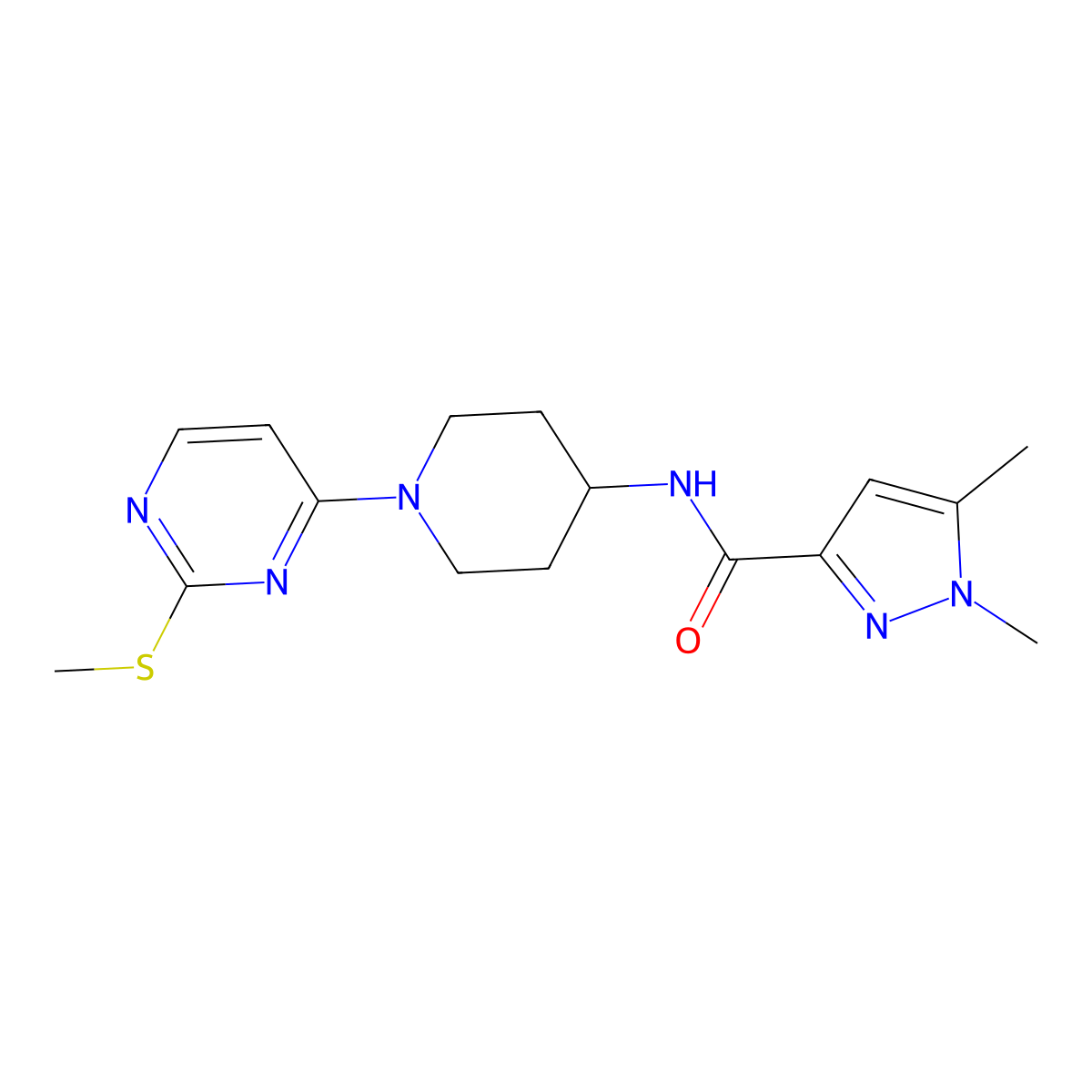 1,5-dimethyl-N-{1-[2-(methylsulfanyl)pyrimidin-4-yl]piperidin-4-yl}-1H-pyrazole-3-carboxamide molecular structure, CAS 3054539-28-2