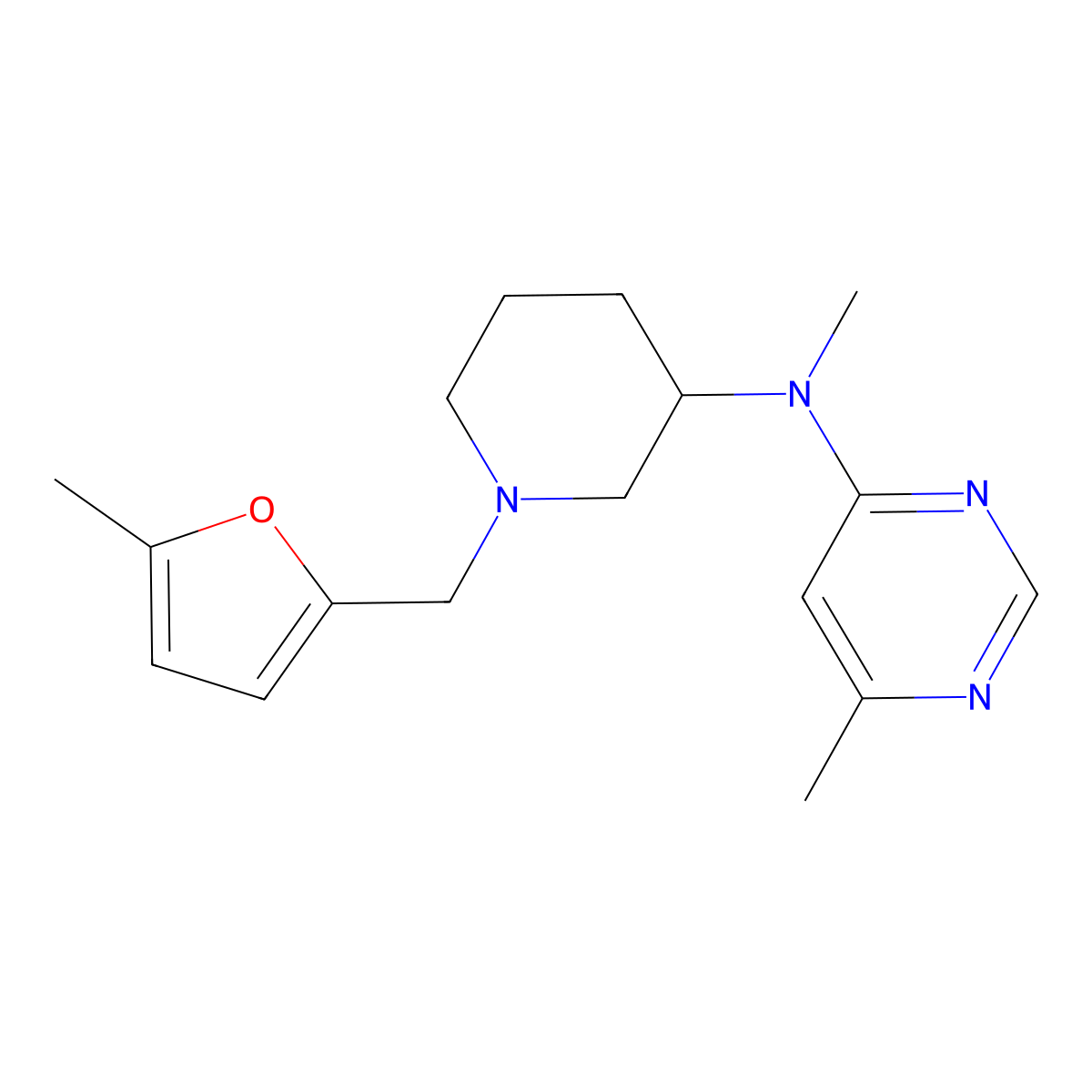 N,6-dimethyl-N-{1-[(5-methylfuran-2-yl)methyl]piperidin-3-yl}pyrimidin-4-amine molecular structure, CAS 3054539-41-9
